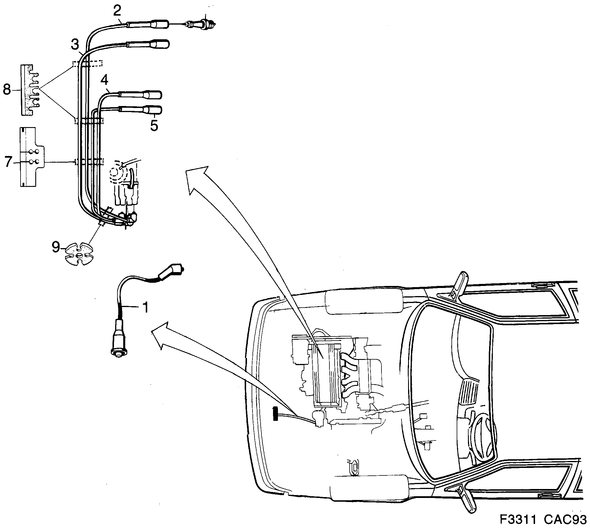Saab 9000 Ignition leads, spark plugs etc diagram