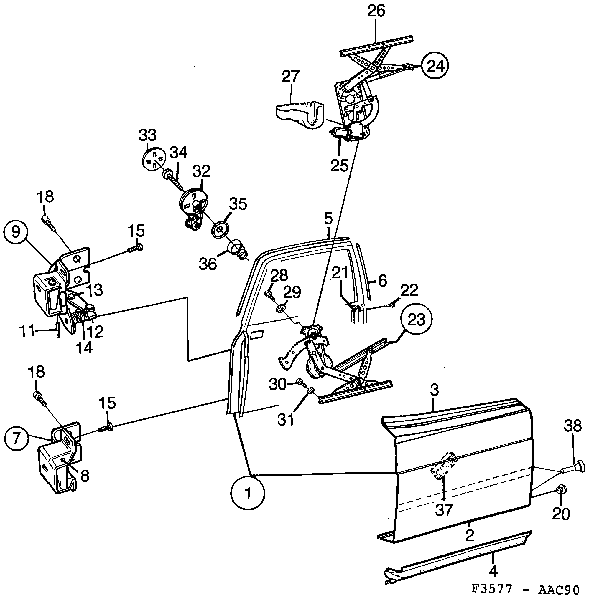 Saab 900 Front door Window regulator diagram