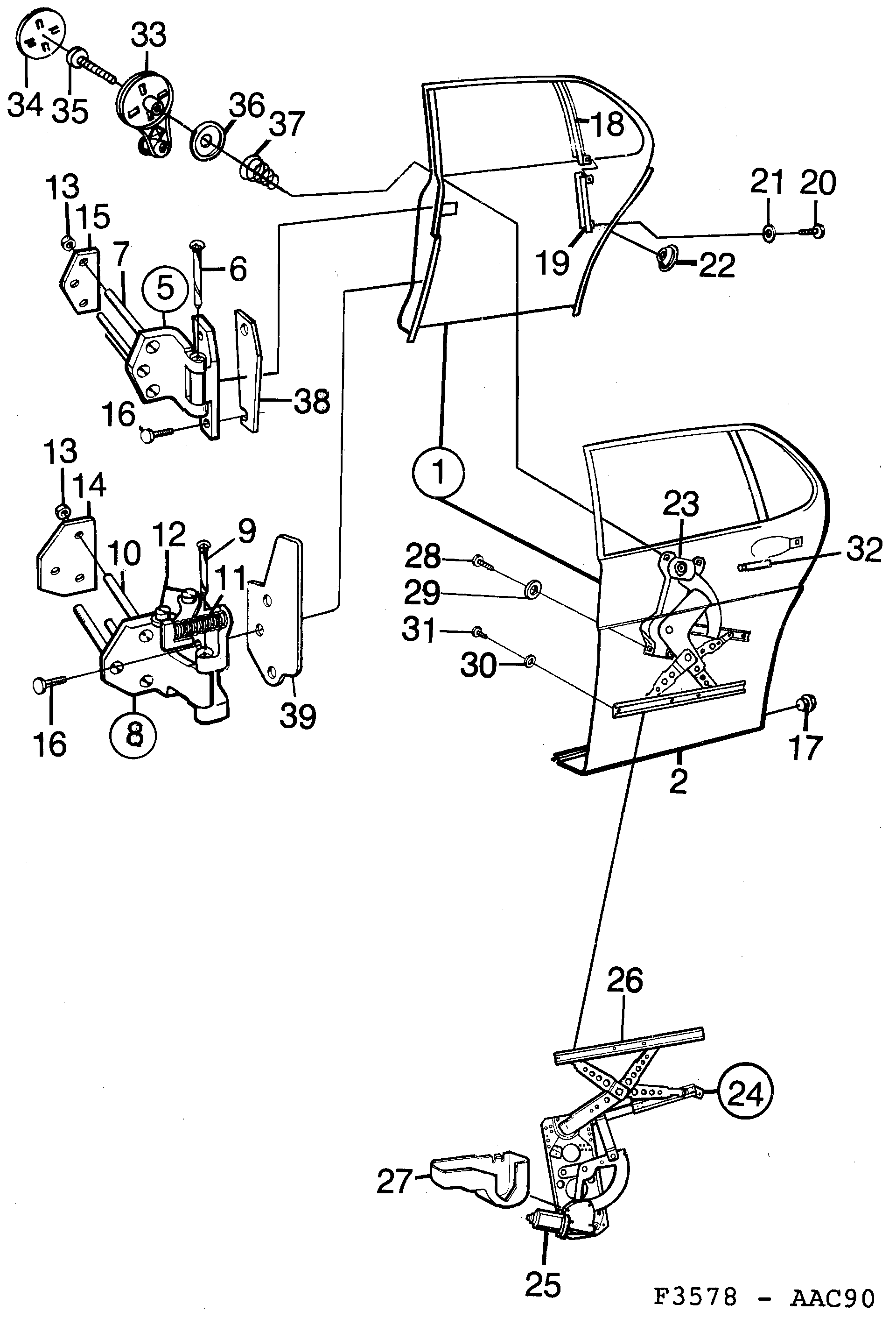 Saab 900 Rear door Window regulator diagram