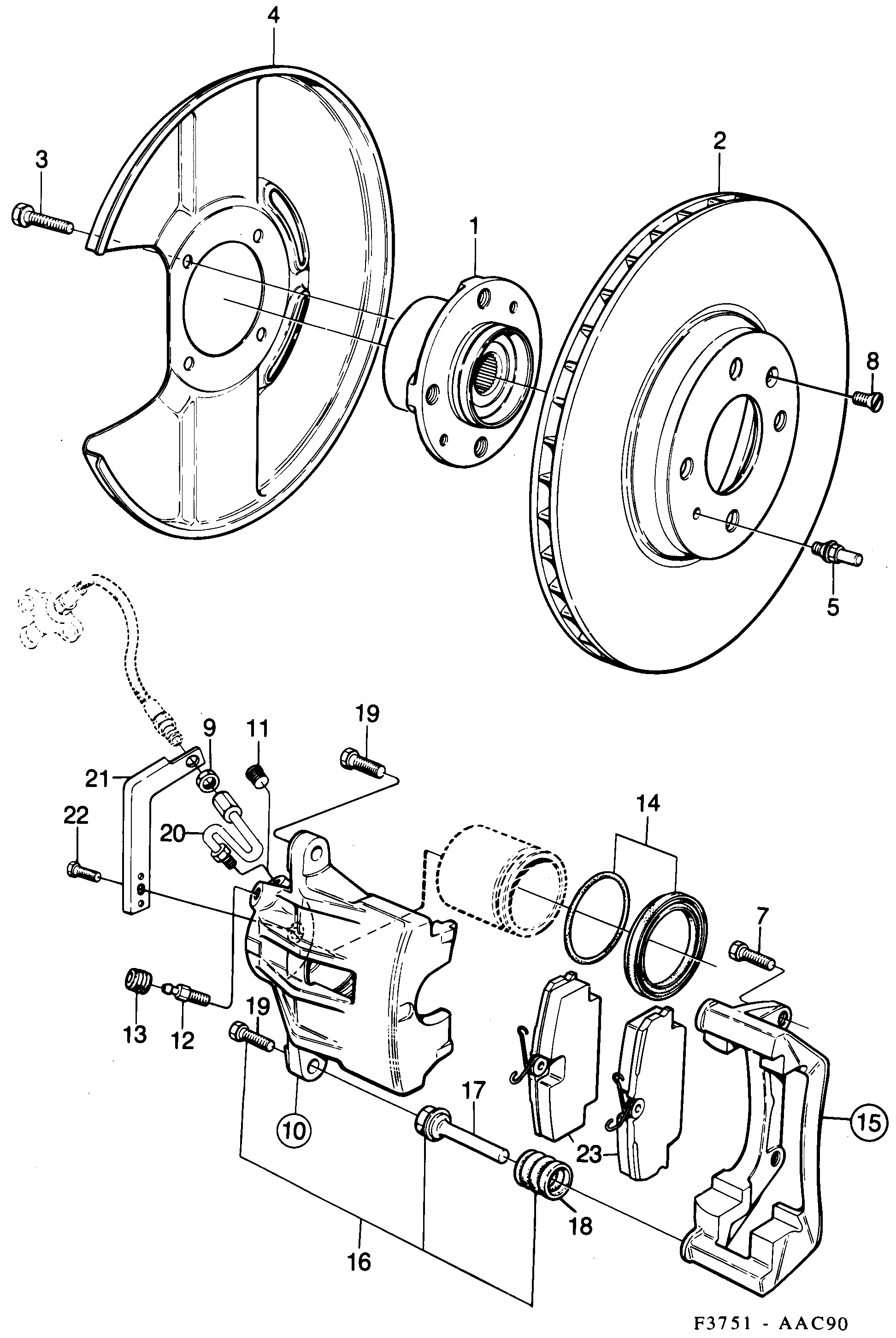 Saab 900 Front wheel brake diagram
