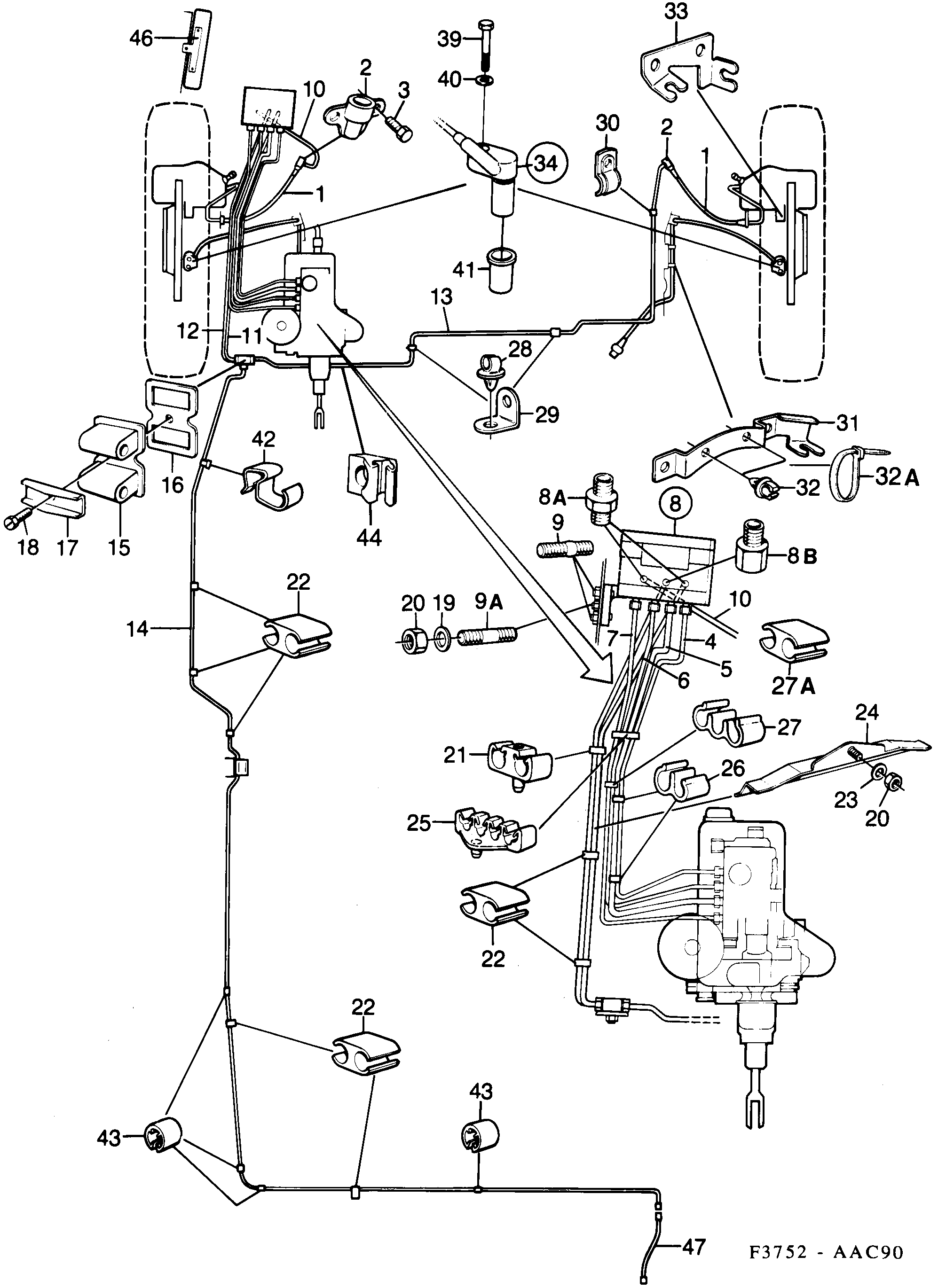 Saab 900 Brake lines ABS front diagram