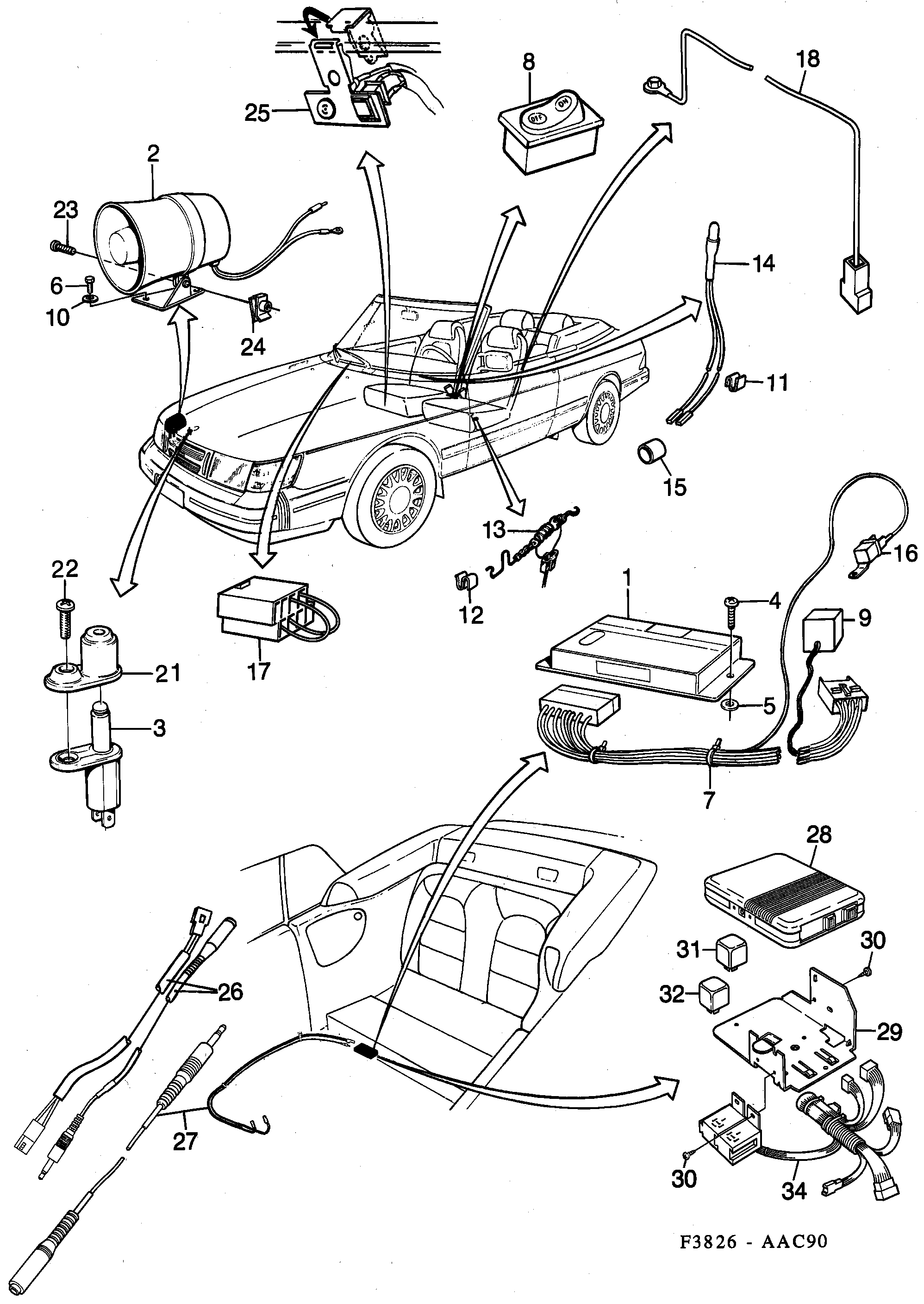 Saab 900 Anti theft system Convertible diagram