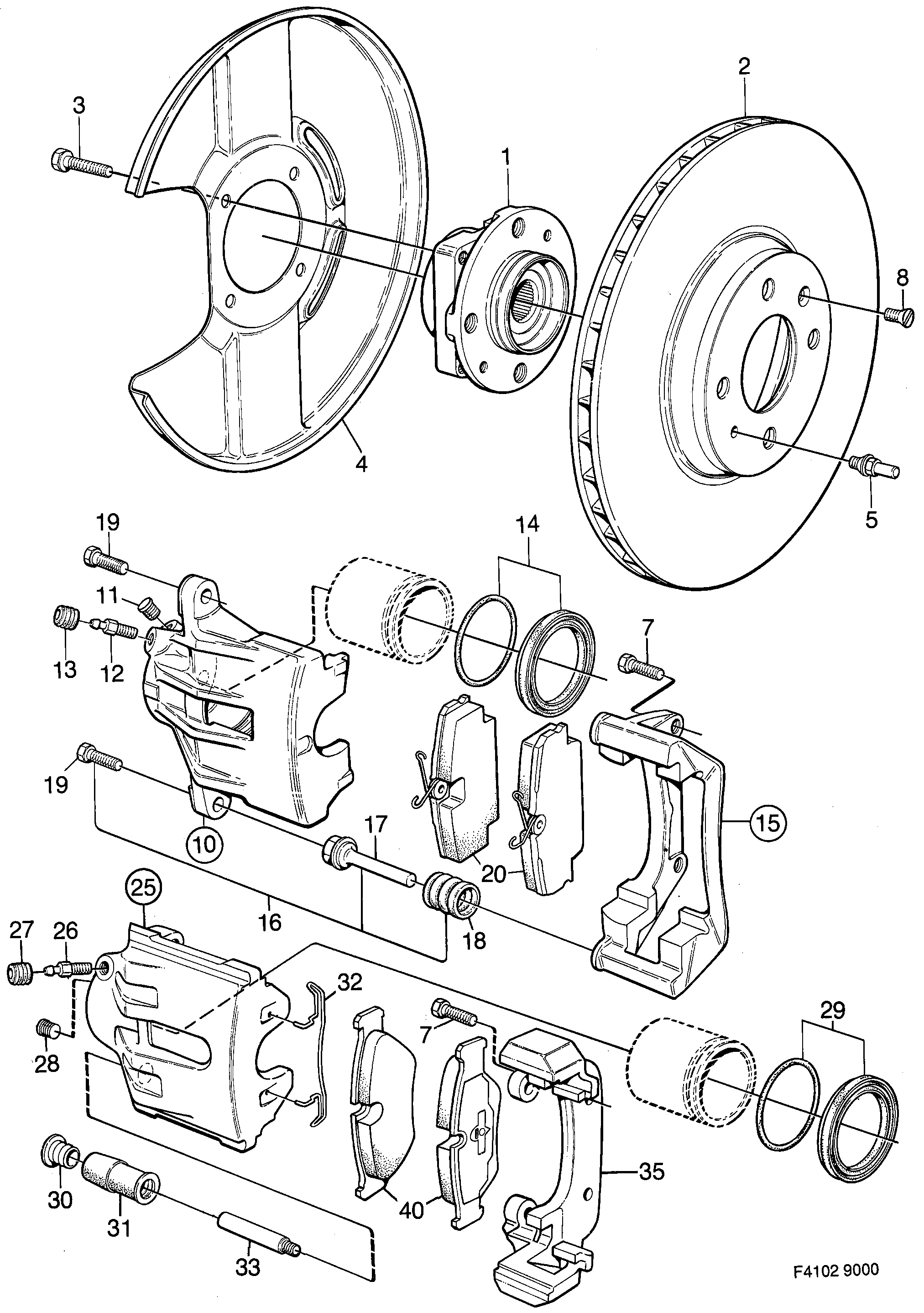 Saab 9000 Front wheel brake diagram