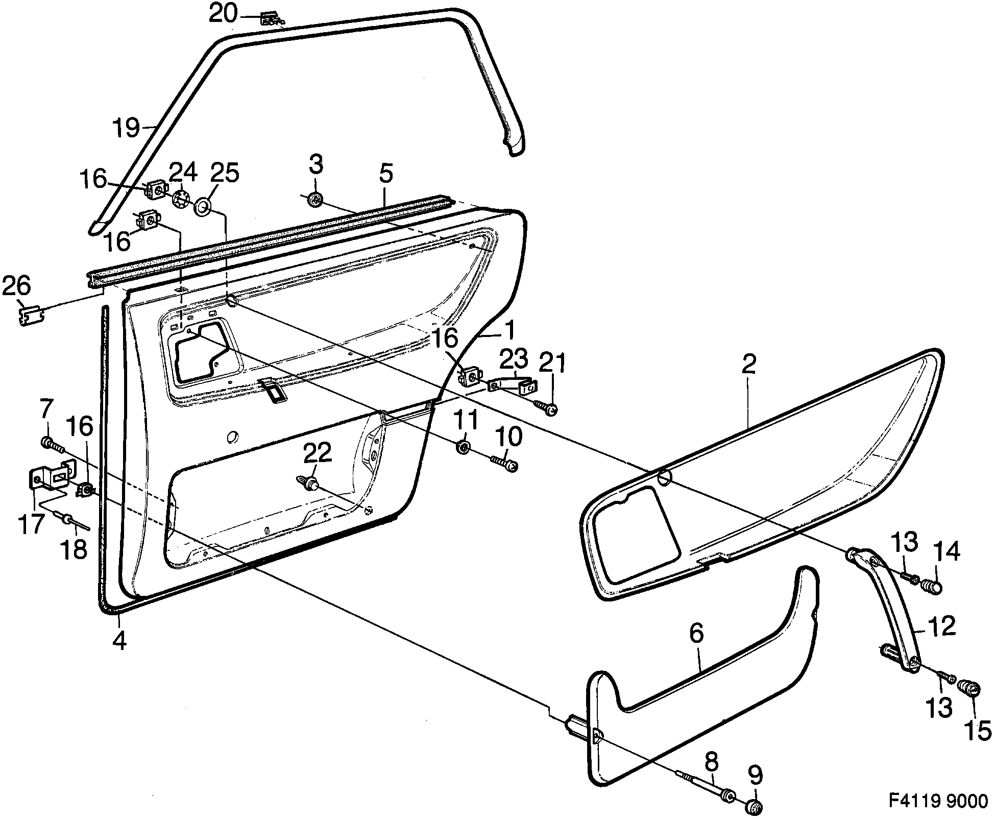 Saab 9000 Door panel Rear door diagram