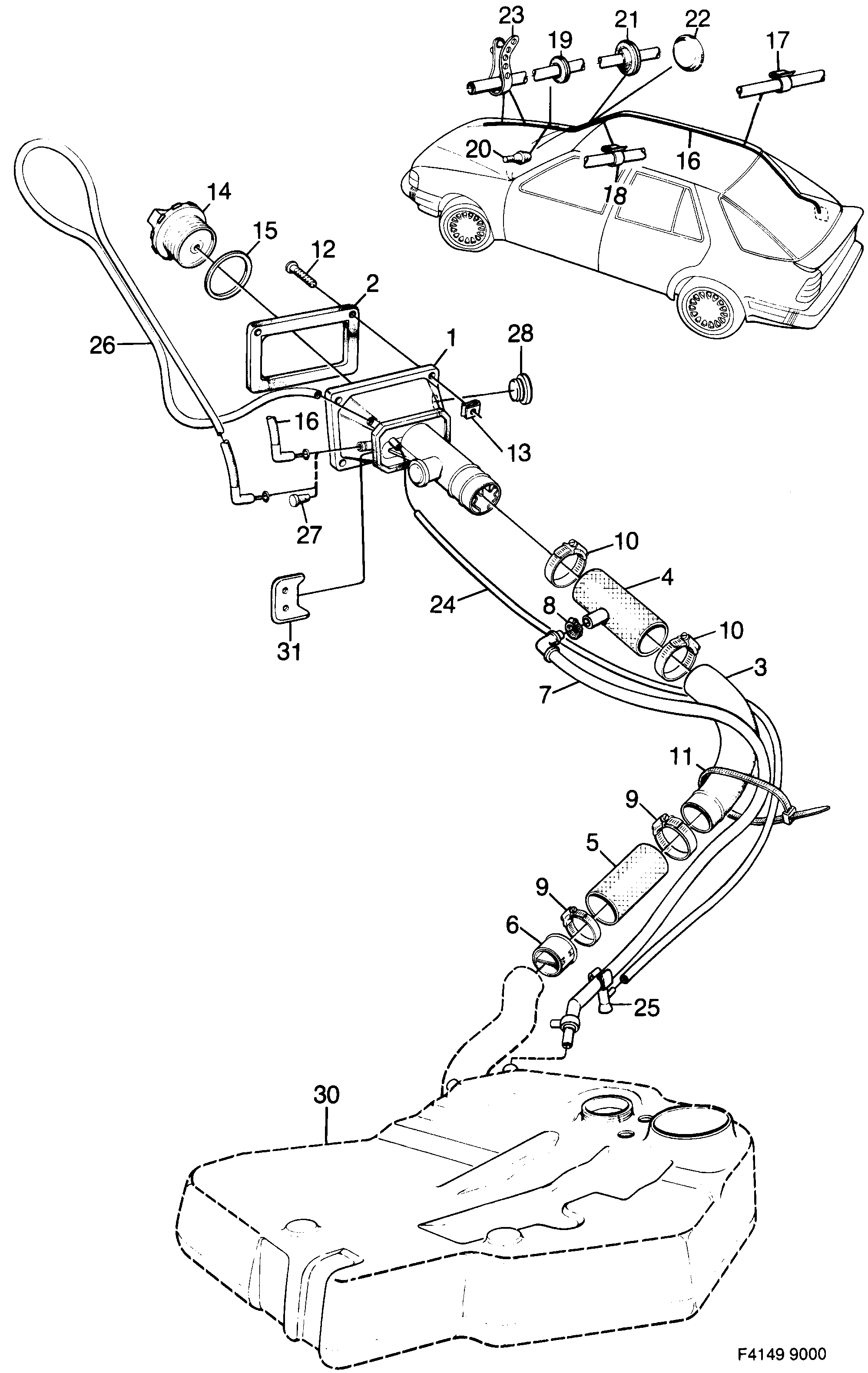 Saab 9000 Filler pipe Hose diagram