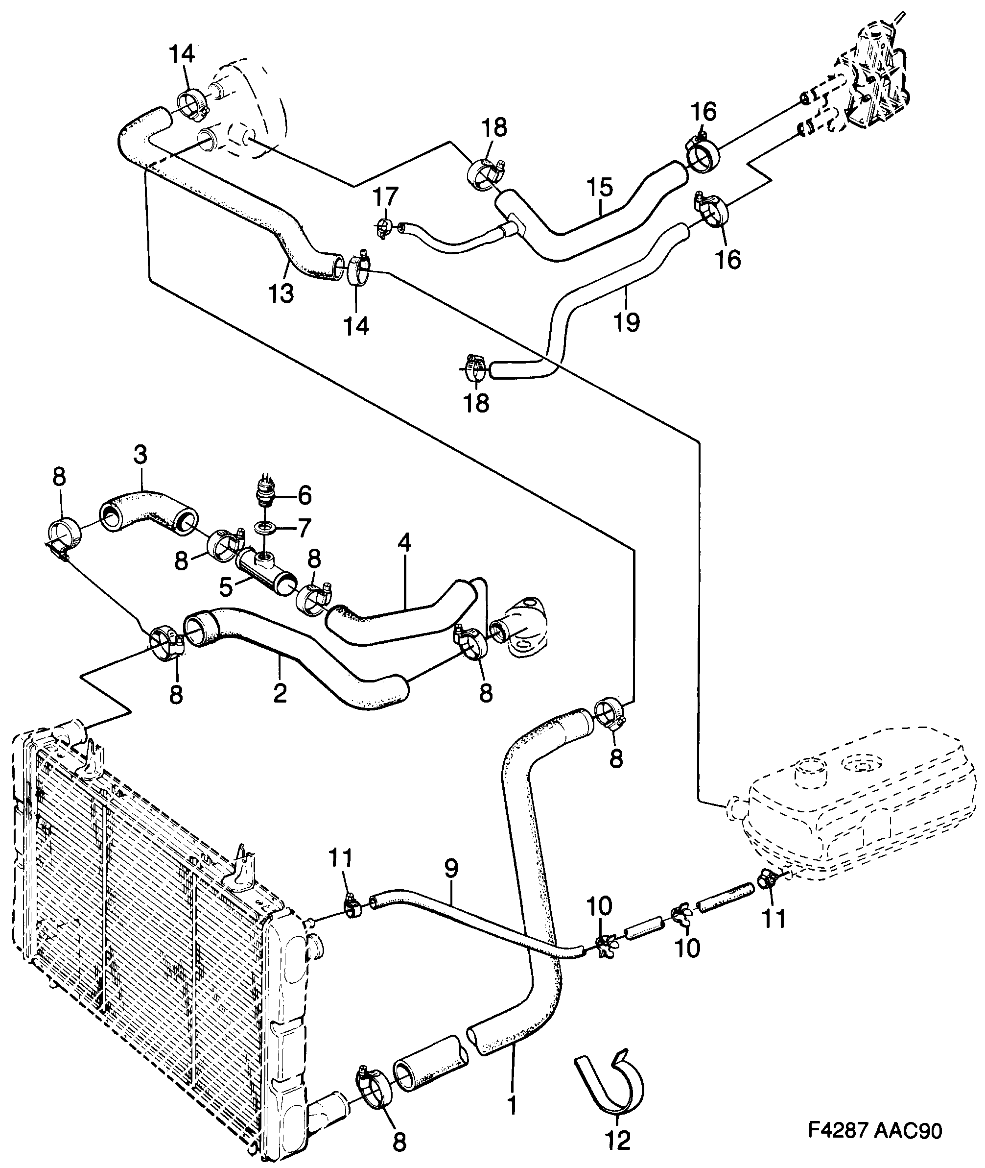 Saab 900 Water hoses, etc diagram