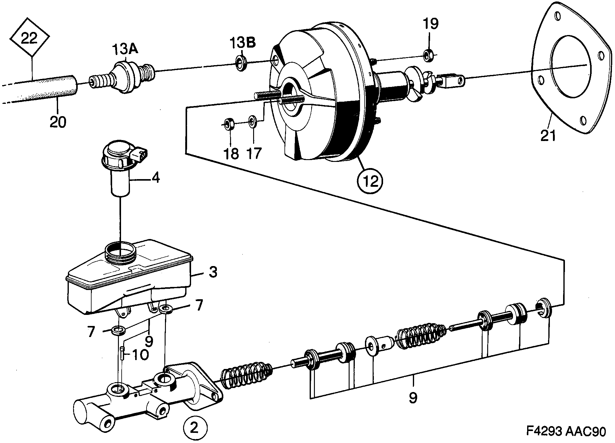 Saab 900 Master cylinder vacuum brake booster diagram