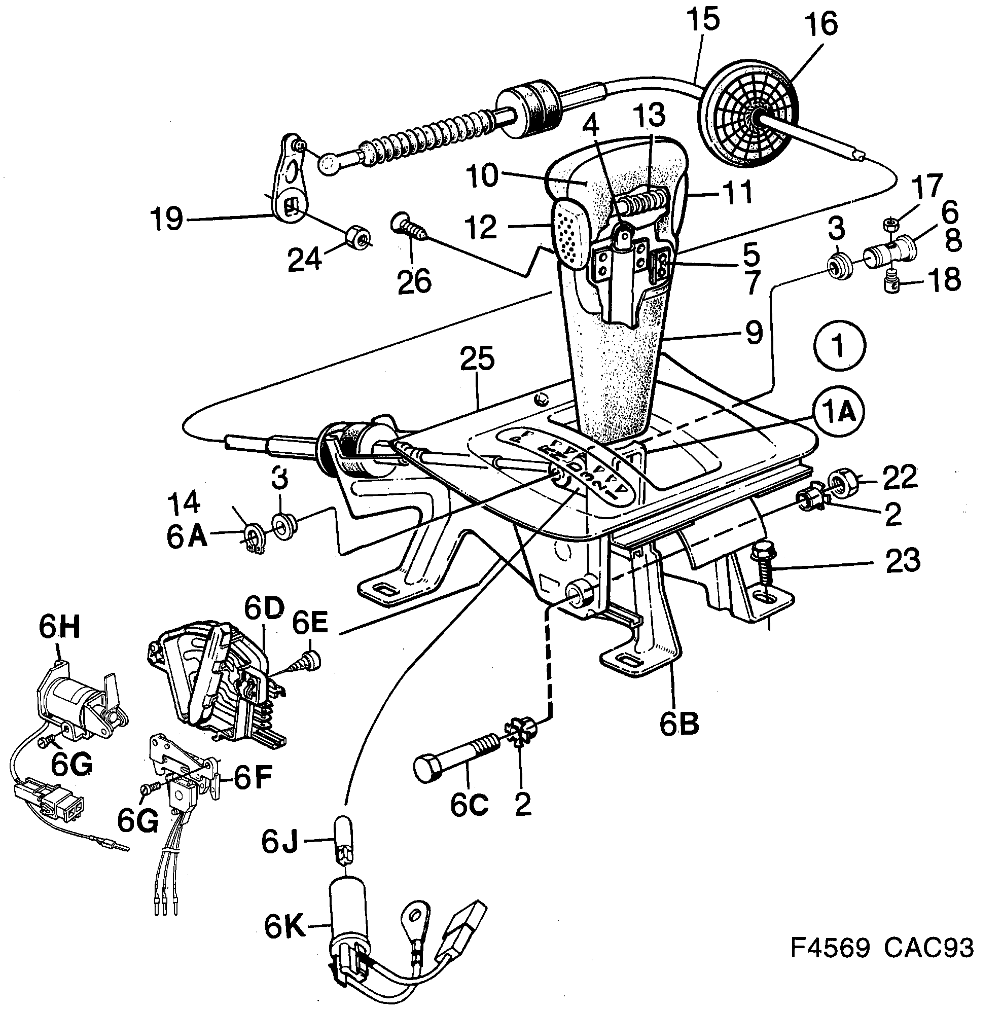 Saab 9000 Gear selector lever diagram