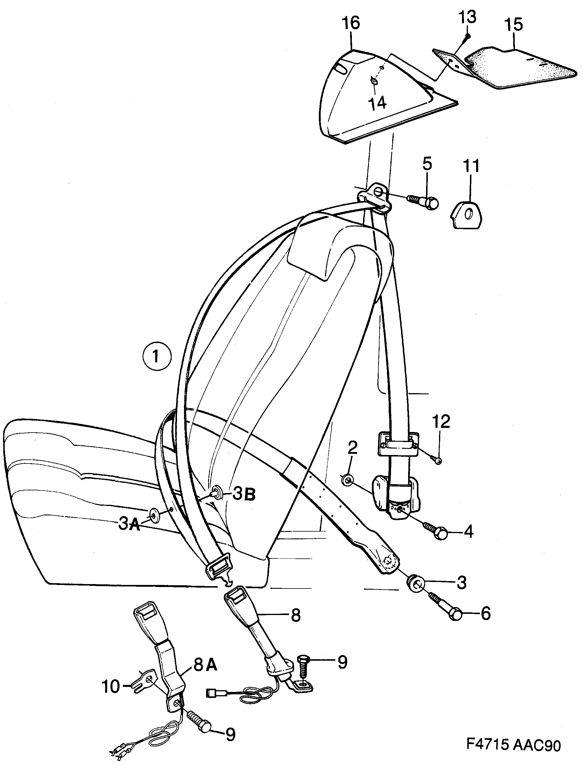 Saab 900 Safety belt, front seat diagram