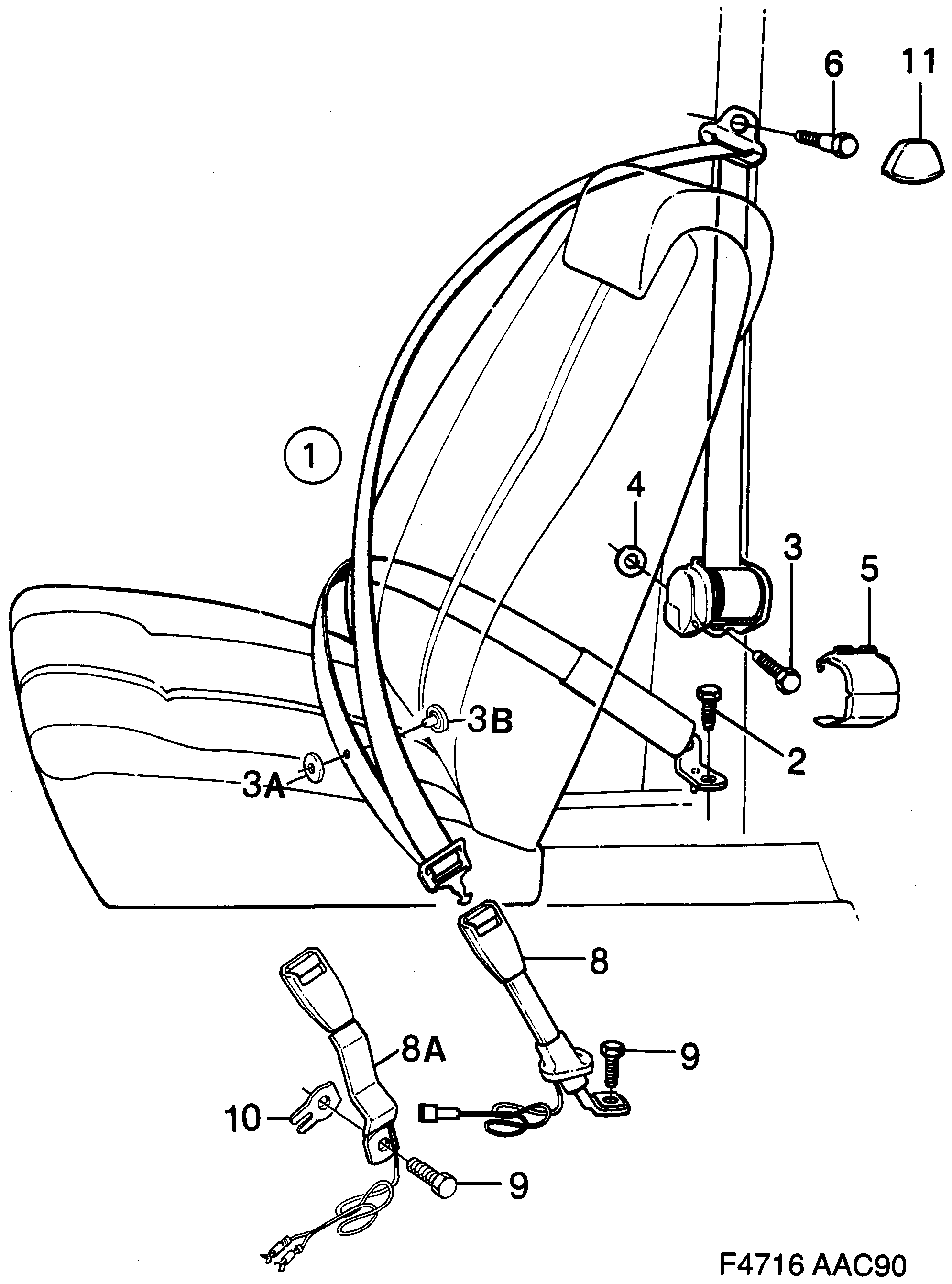 Saab 900 Safety belt, front seat diagram