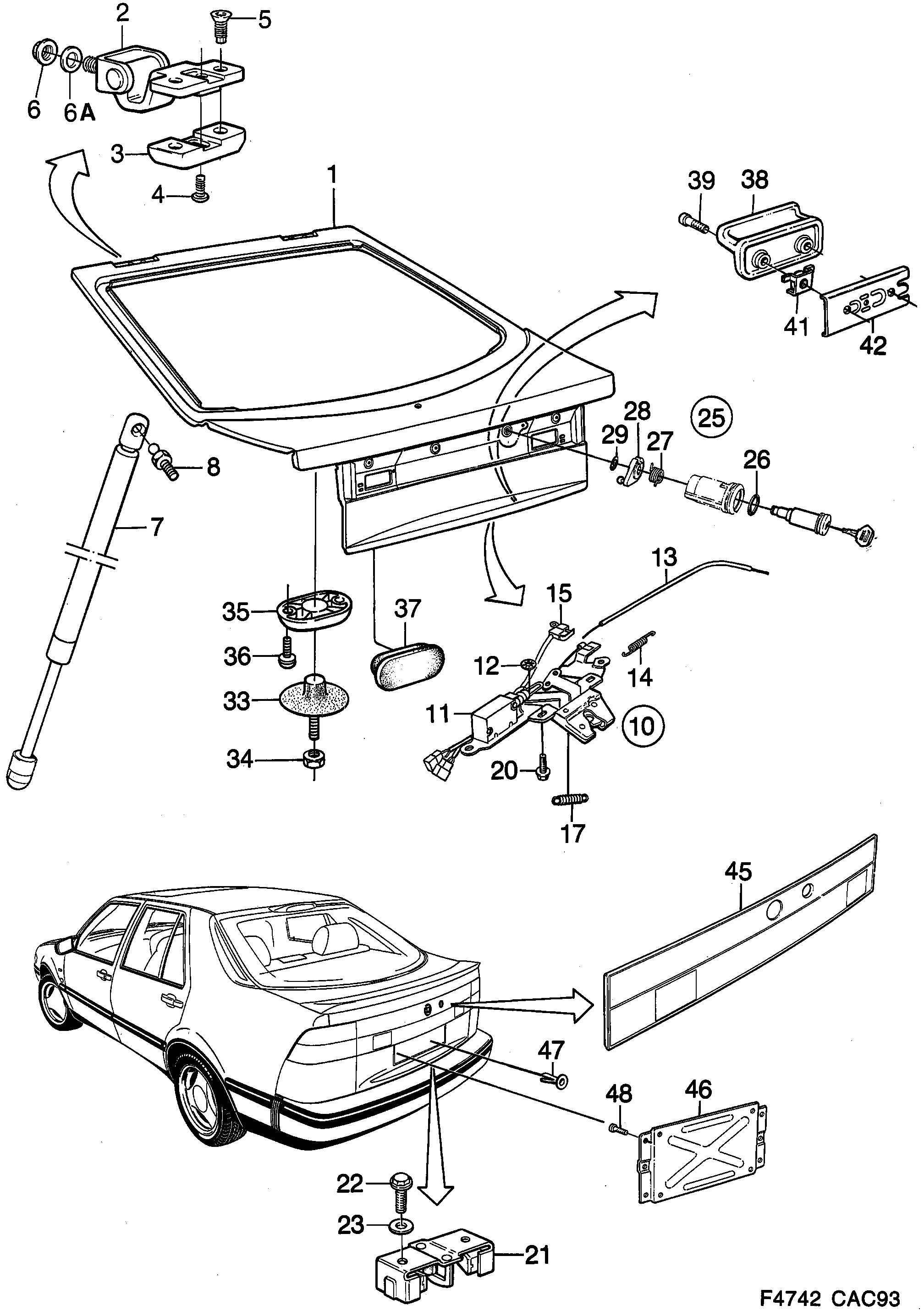 Saab 9000 Trunk door, hinges lock diagram