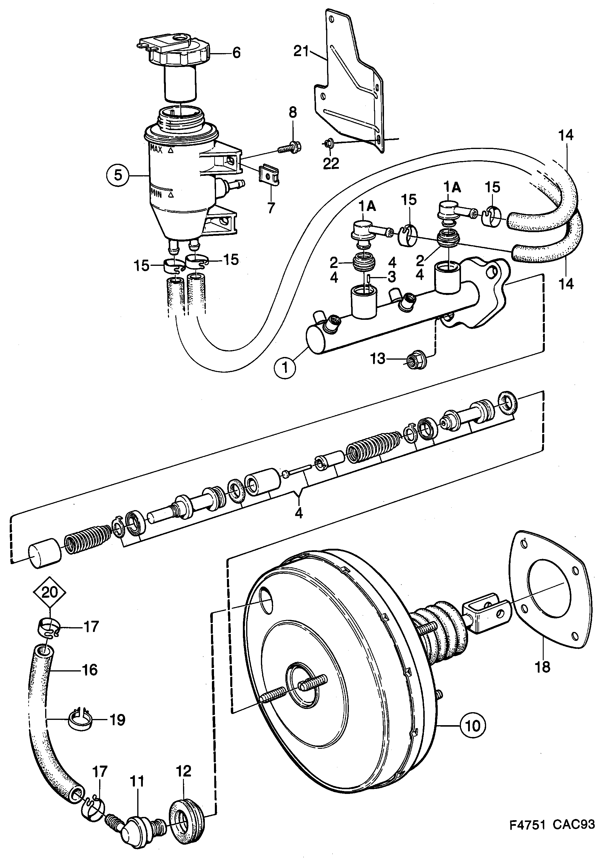 Saab 9000 Master cylinder vacuum brake booster diagram