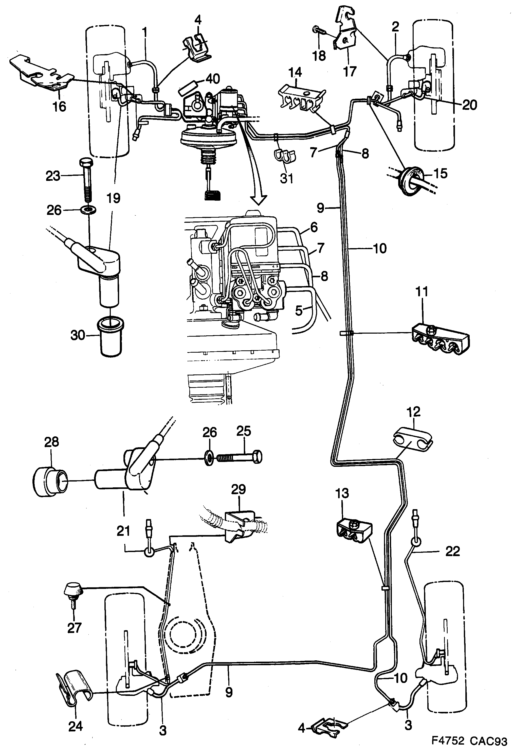 Saab 9000 Brake lines ABS Mark IV diagram