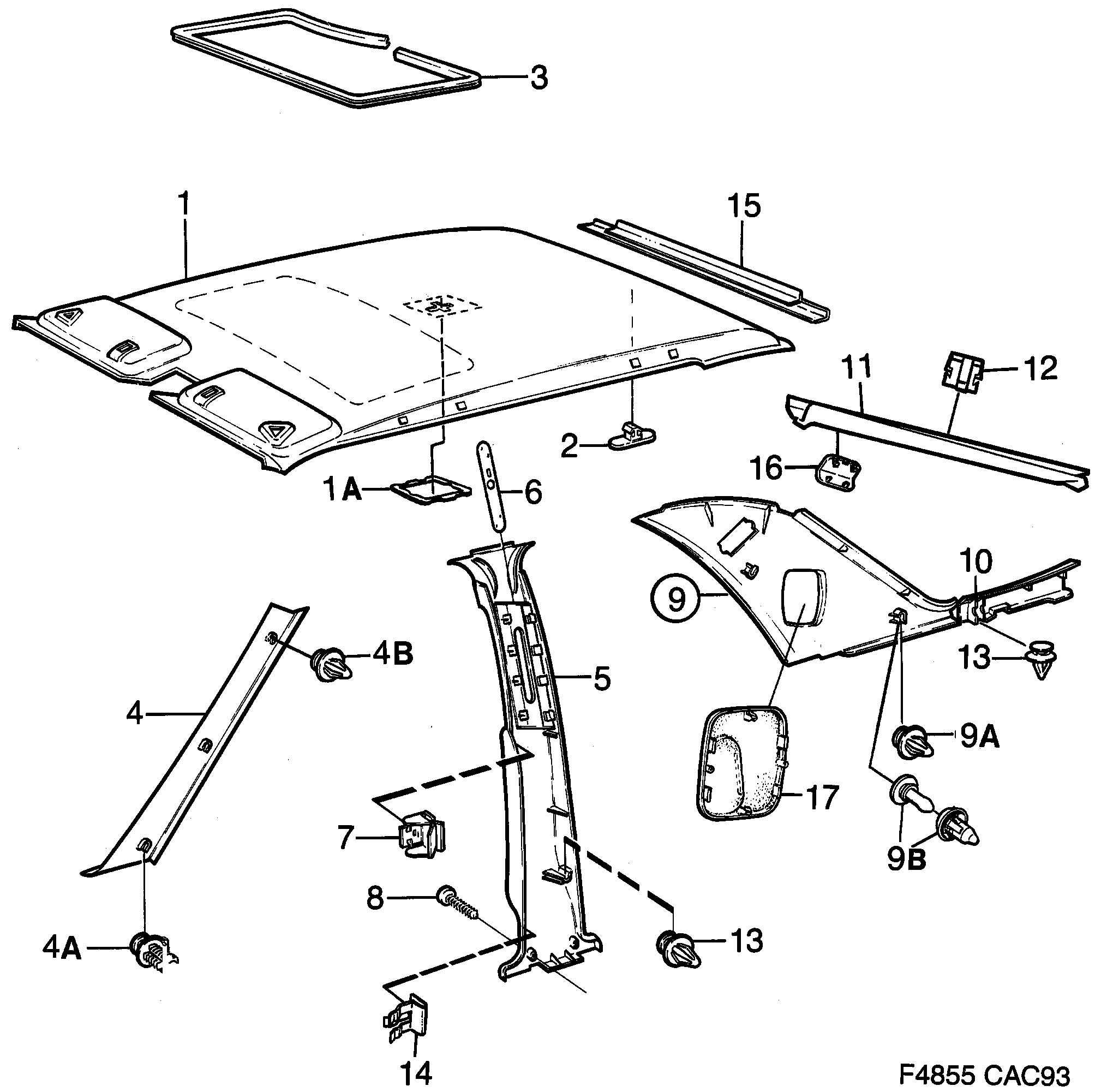 Saab 9000 Head- and pillar lining diagram