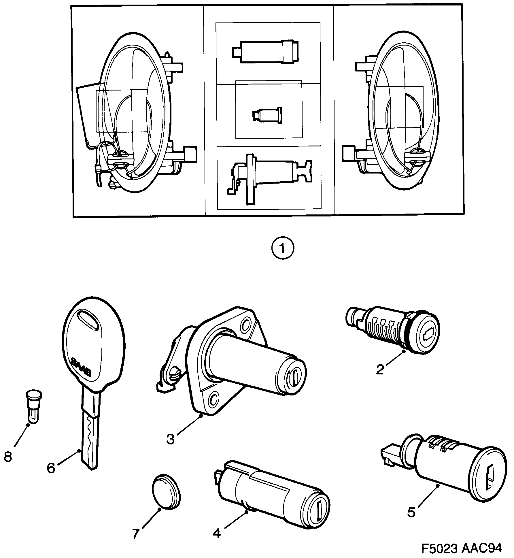 Saab 900 Lock Lock cylinder set diagram