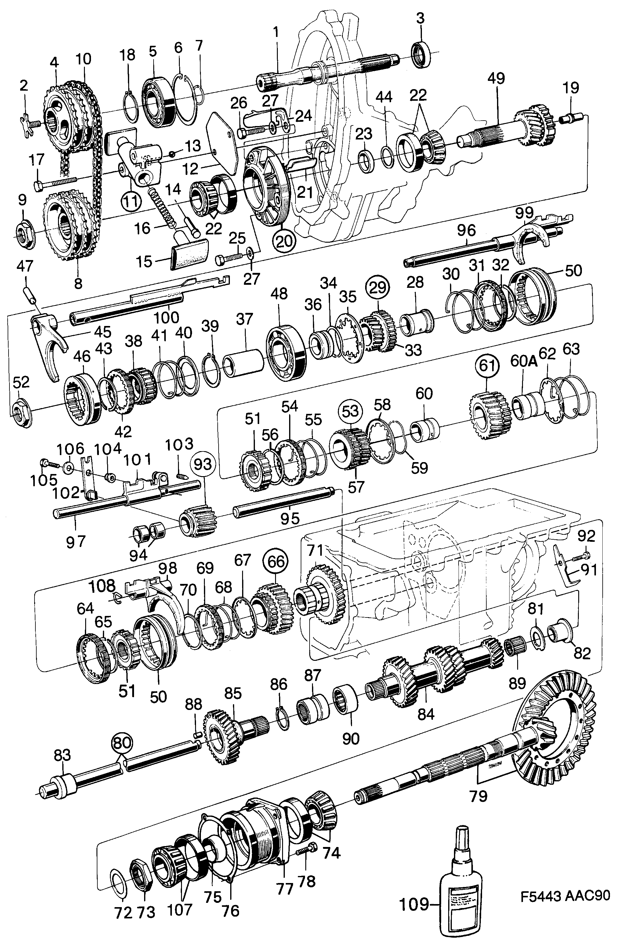 Saab 900 Shafts, gears diagram