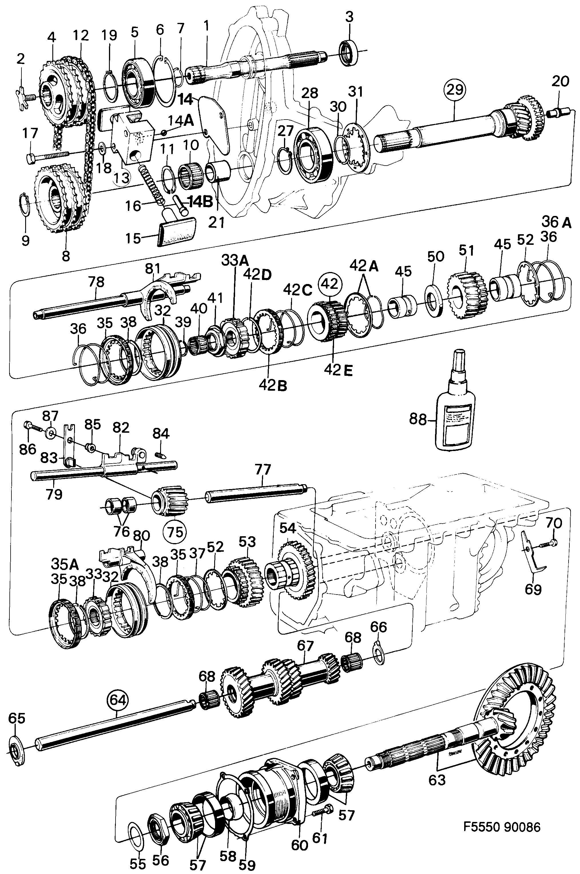 Saab 900 Shafts, gears -1988 diagram