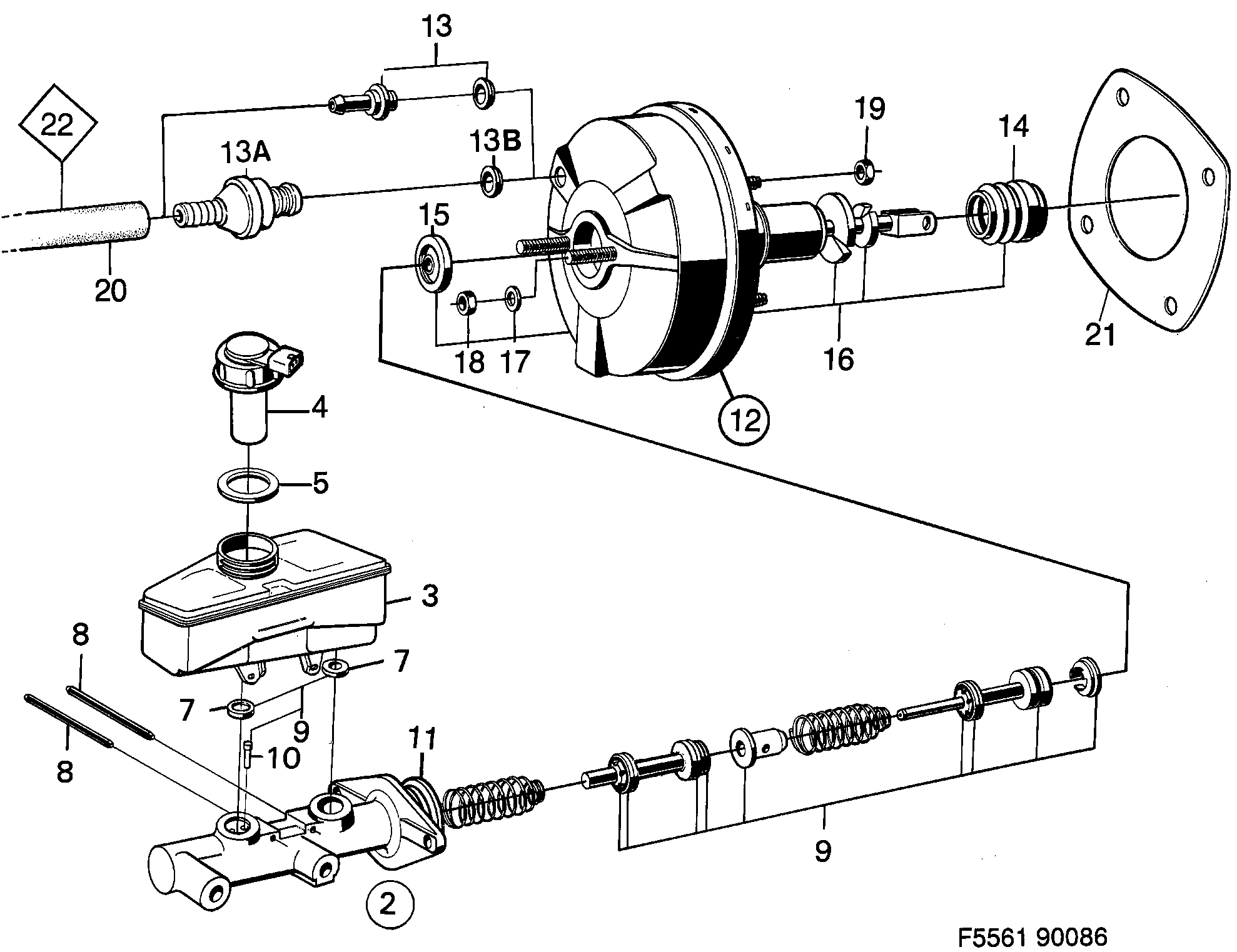 Saab 900 Master cylinder vacuum brake booster diagram
