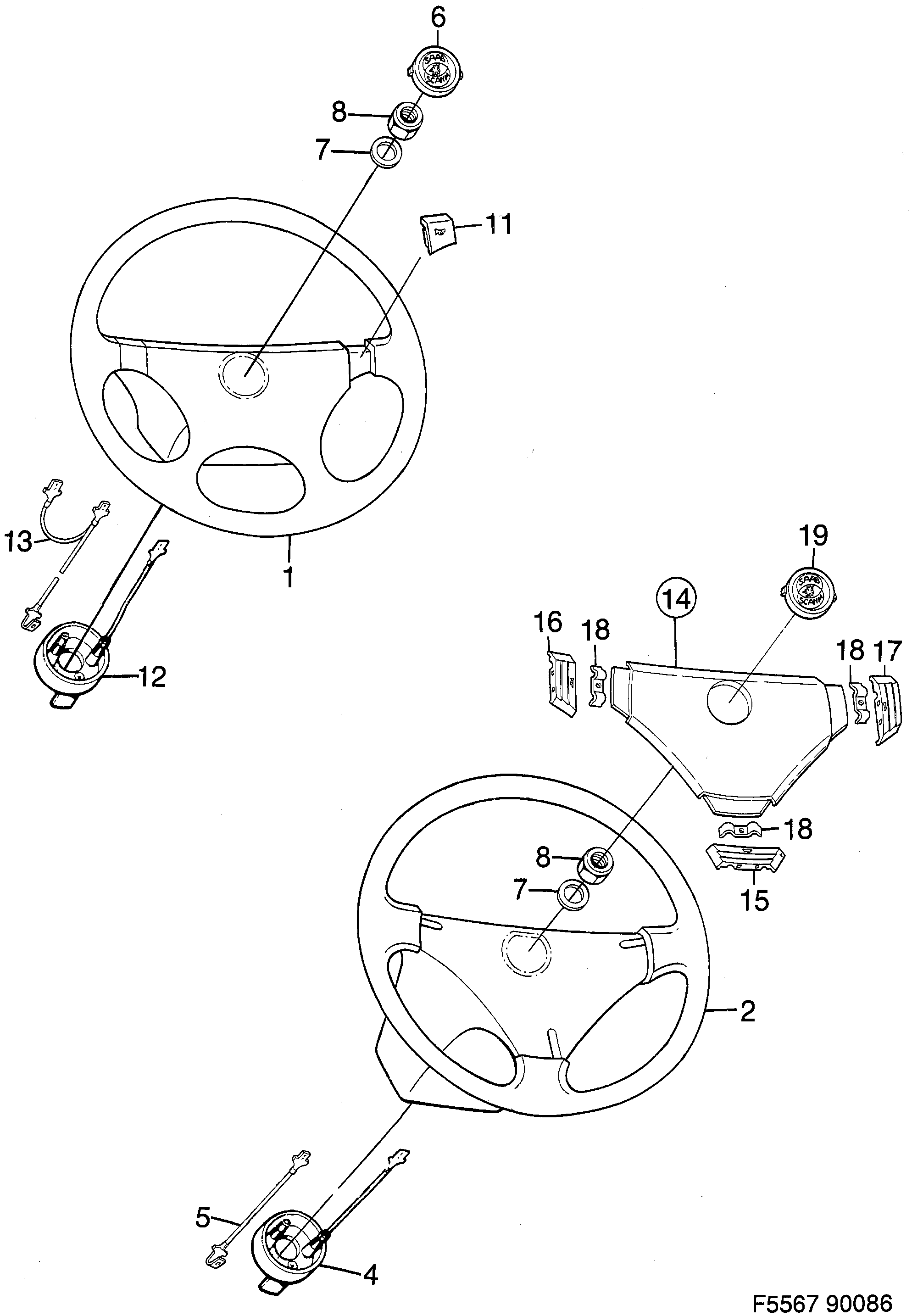 Saab 900 Steering wheel Horn button diagram