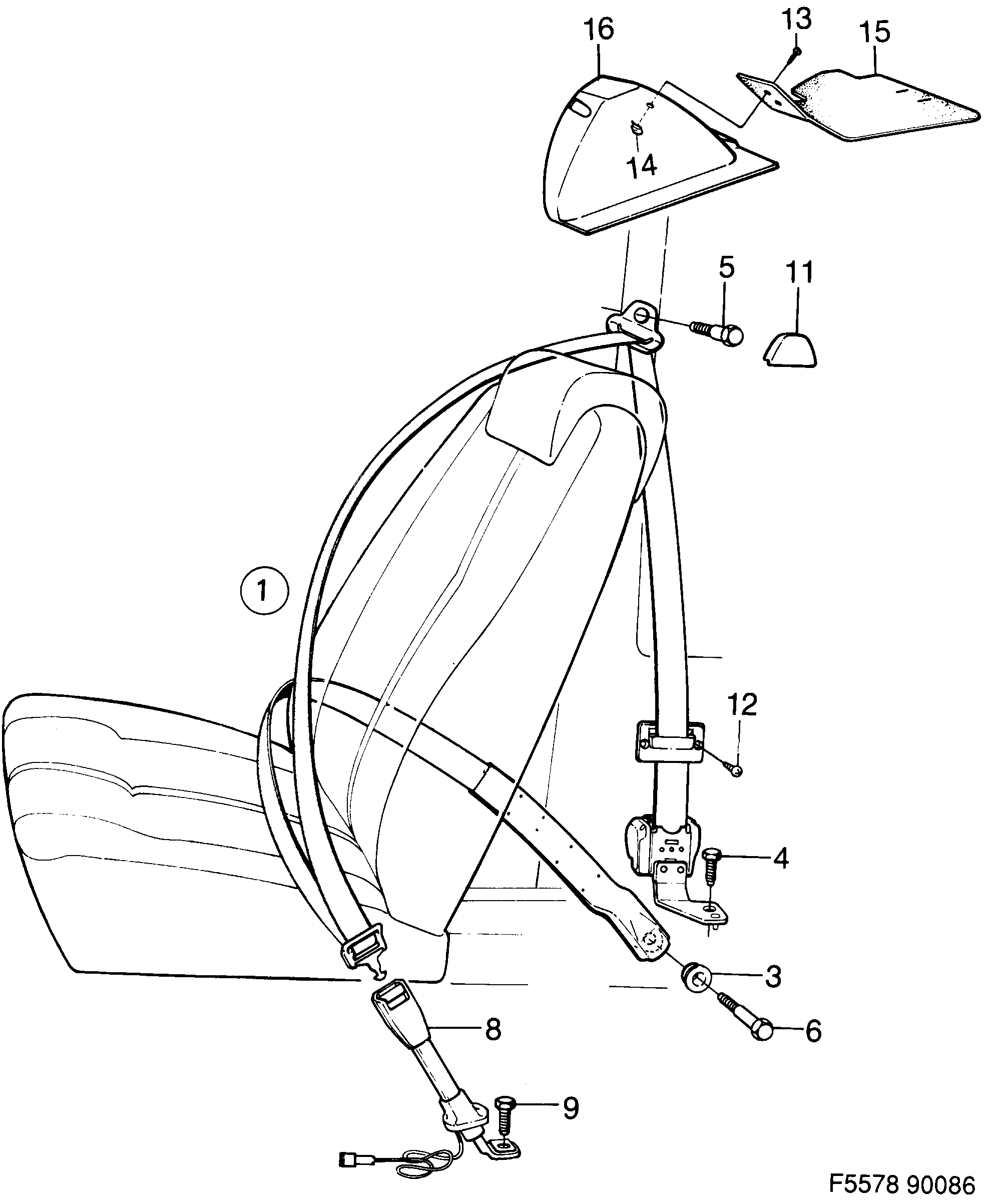 Saab 900 Safety belt, front seat diagram