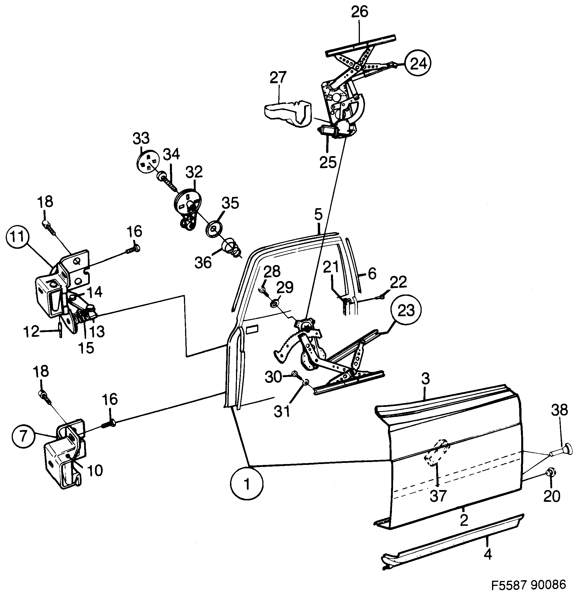 Saab 900 Front door Window regulator diagram