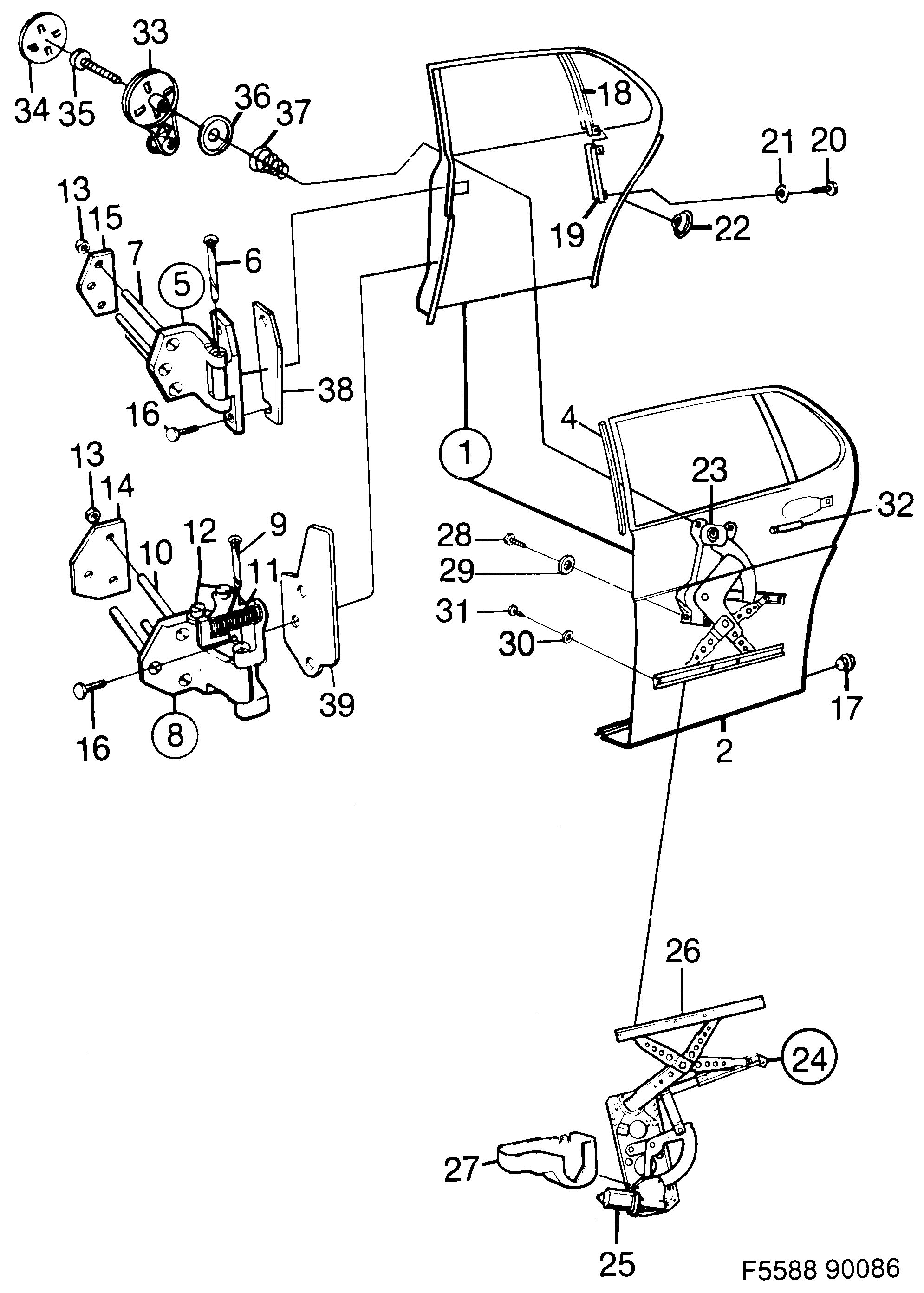 Saab 900 Rear door Window regulator diagram
