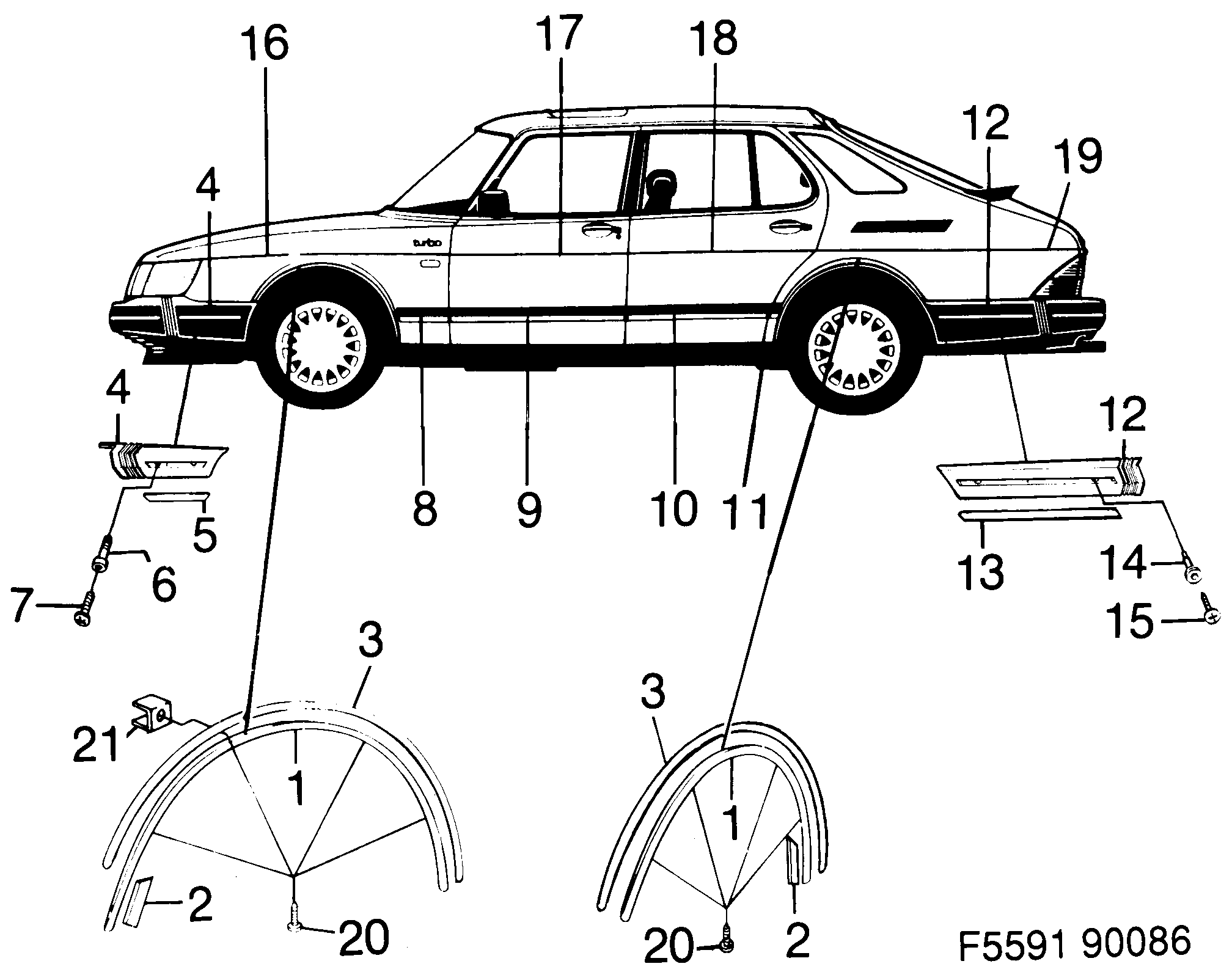 Saab 900 Side mouldings diagram