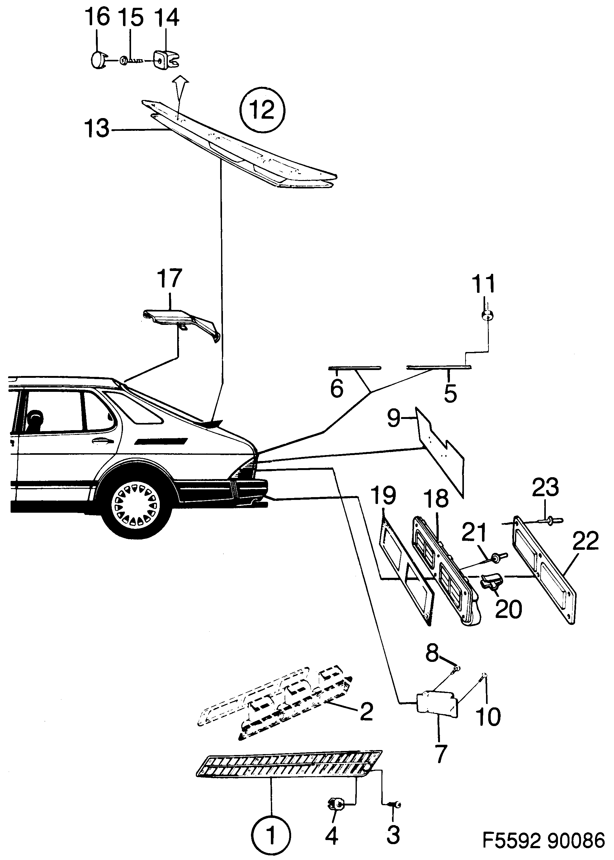 Saab 900 Air outlet, decor rear door diagram