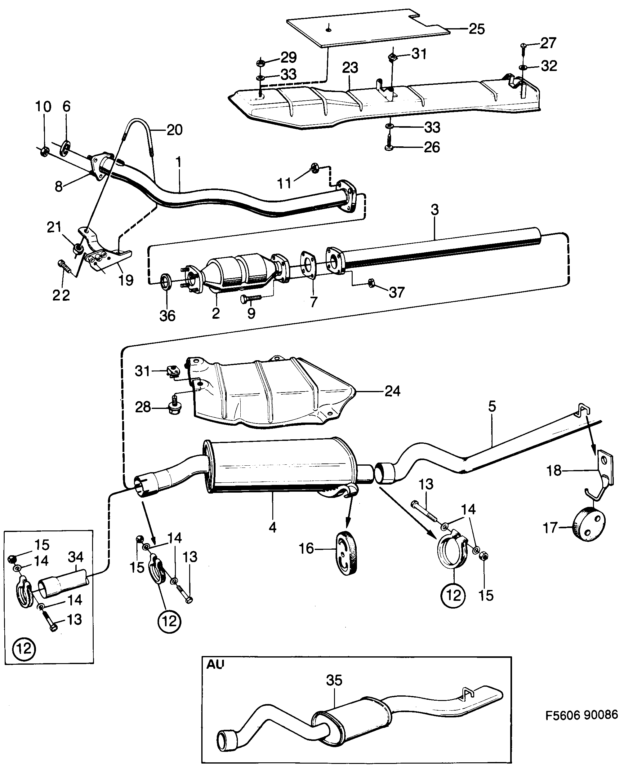 Saab 900 Exhaust system With catalytic converter diagram