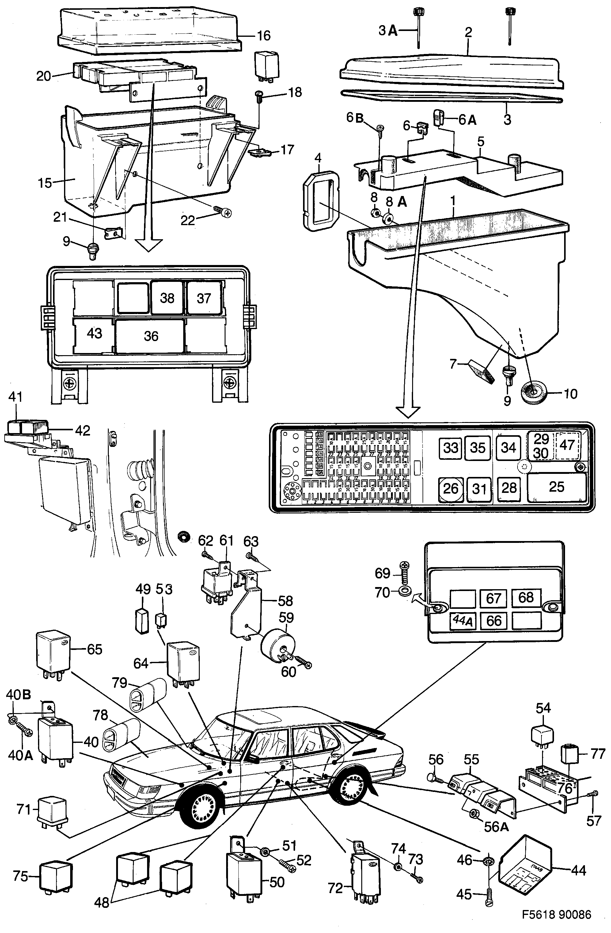 Saab 900 Electrical distribut.unit Relays and fuses diagram