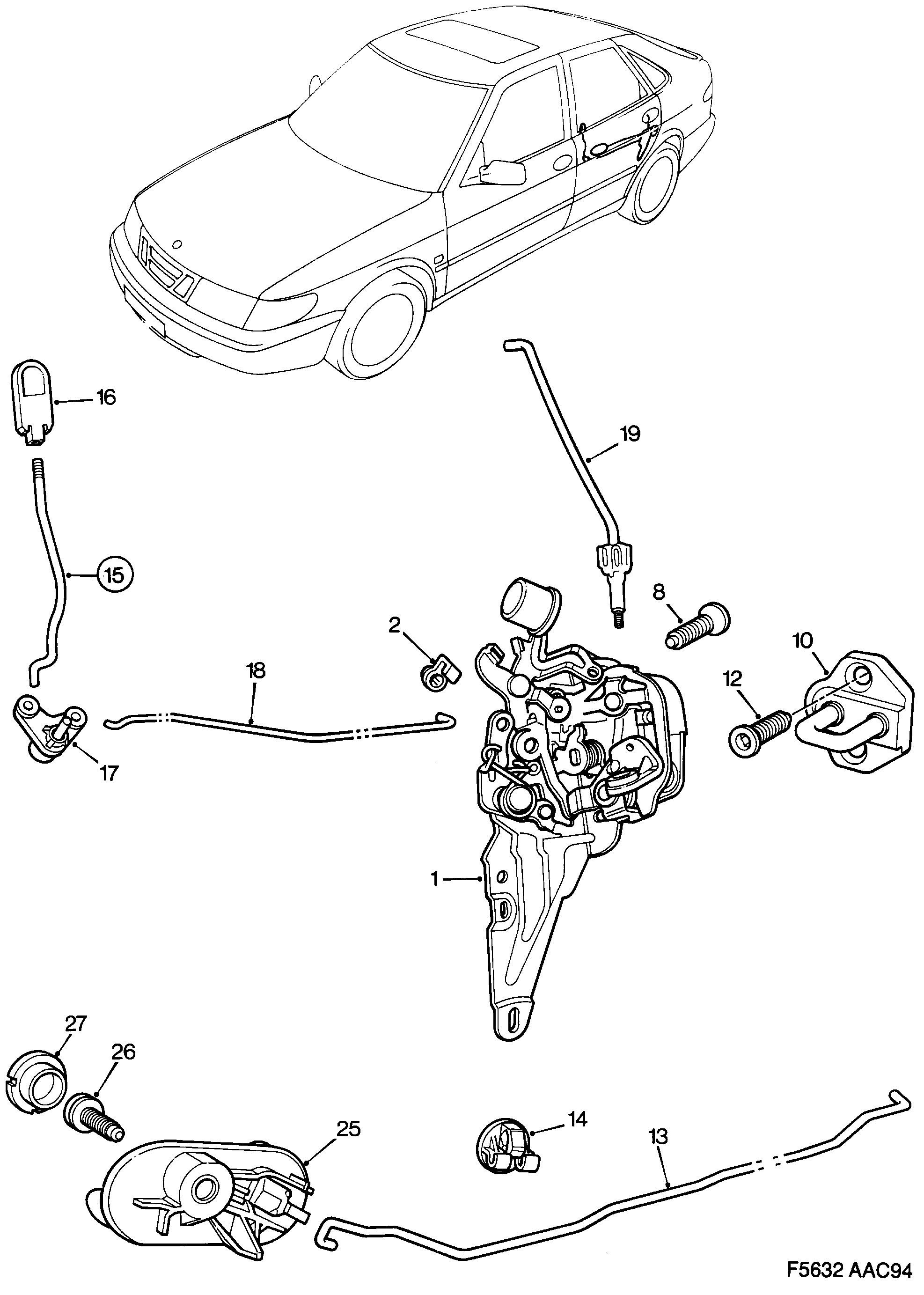 Saab 900 Door lock Rear door diagram