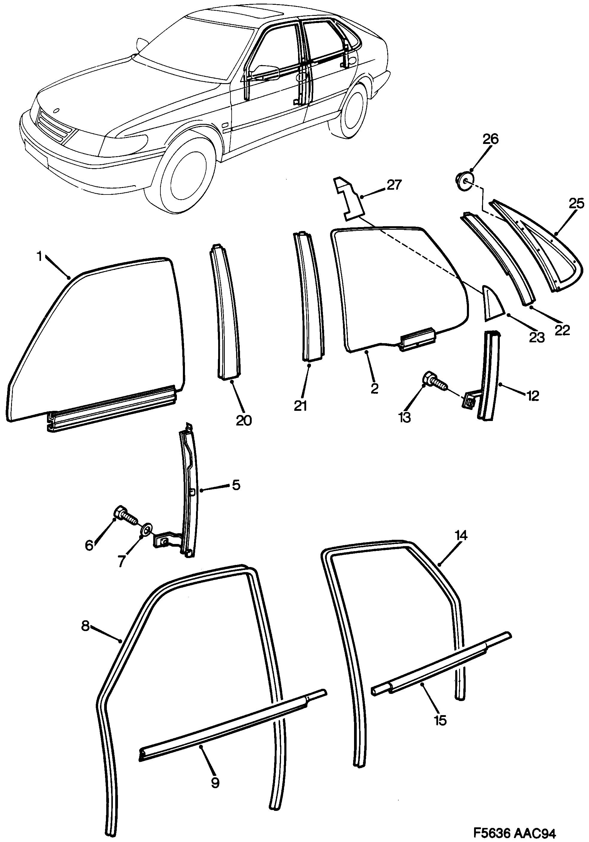 Saab 900 Doors and side windows diagram