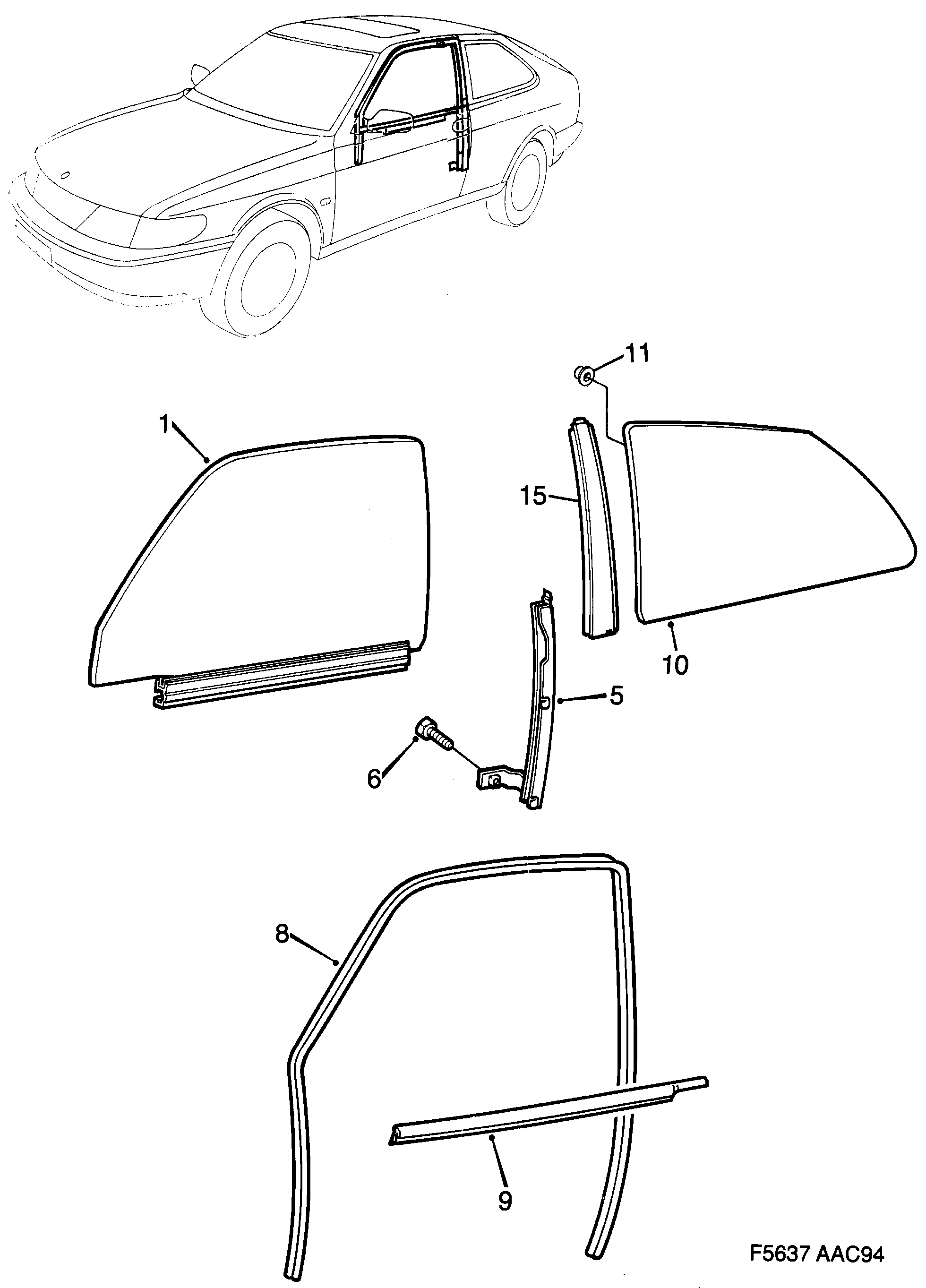 Saab 900 Doors and side windows diagram