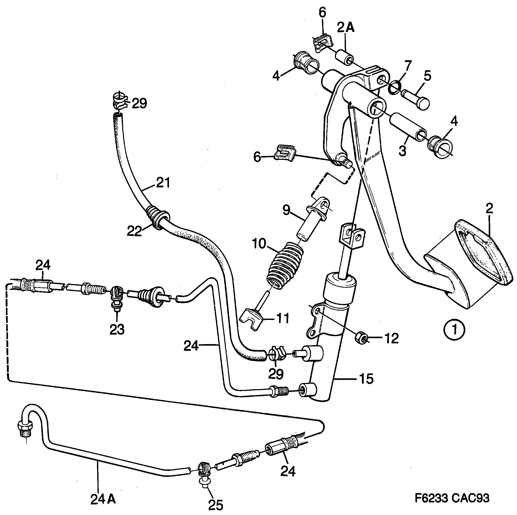 Saab 9000 Pedal, master cylinder diagram