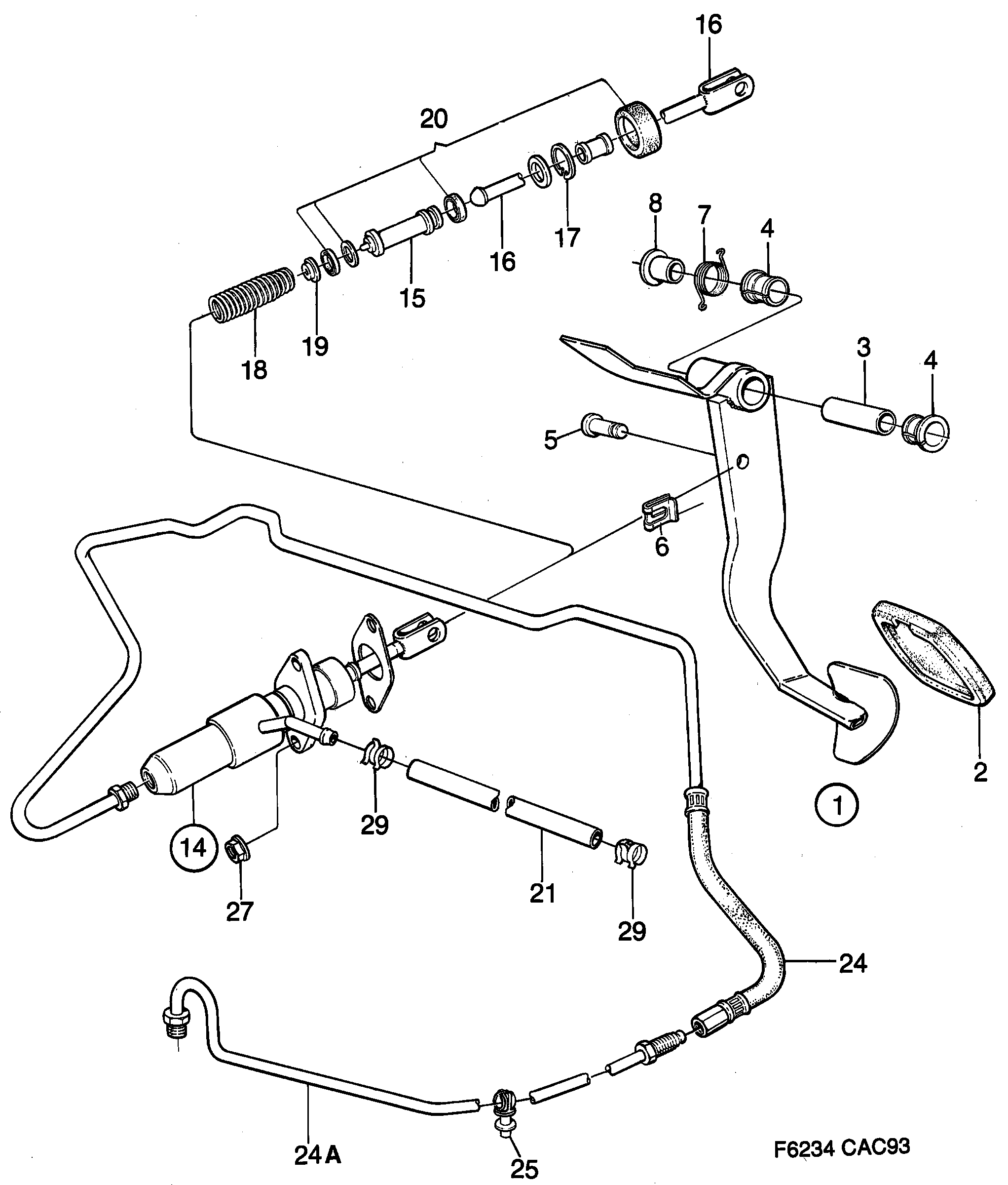 Saab 9000 Pedal, master cylinder diagram