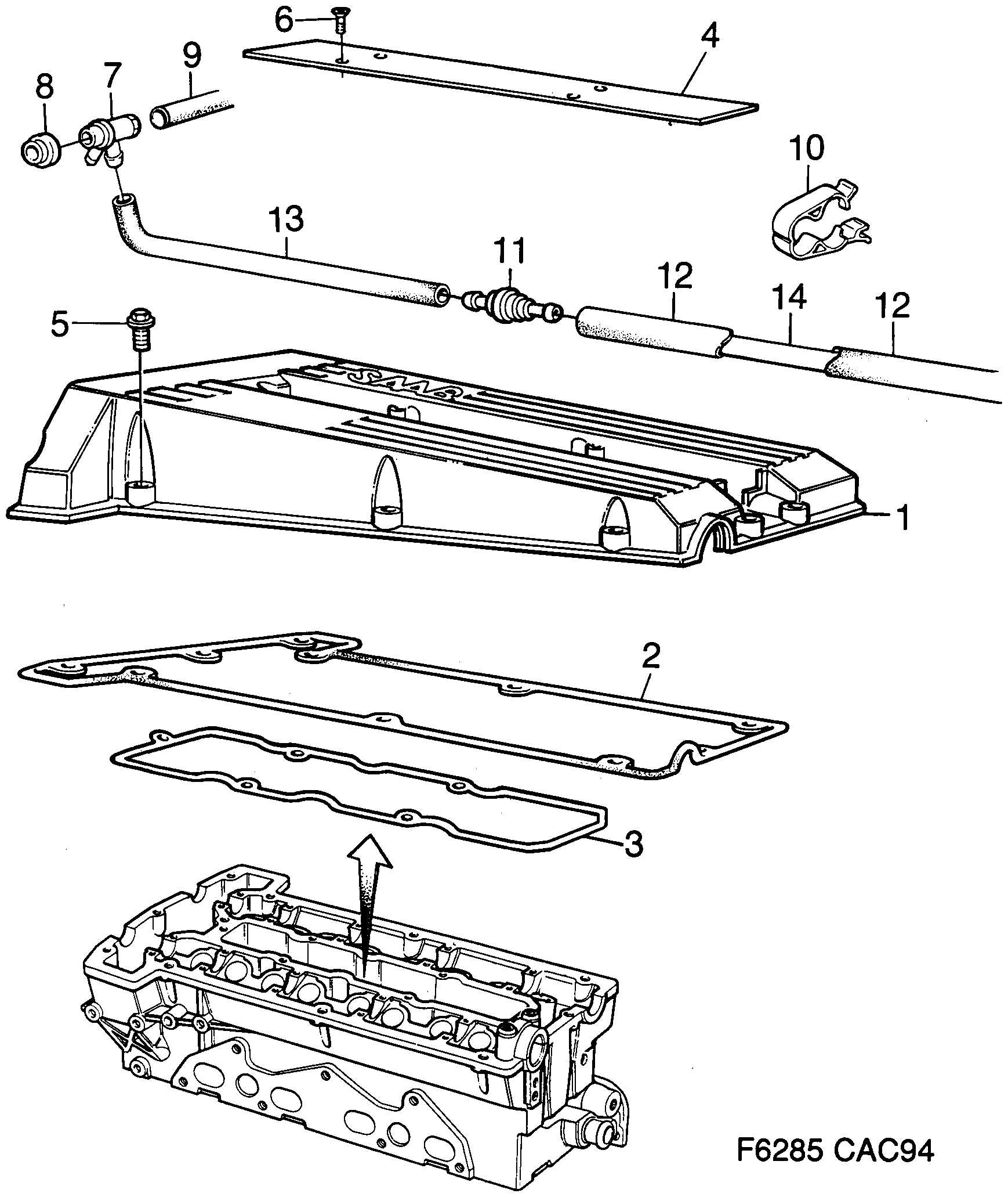 Saab 9000 Valve cover 4-cylinder diagram