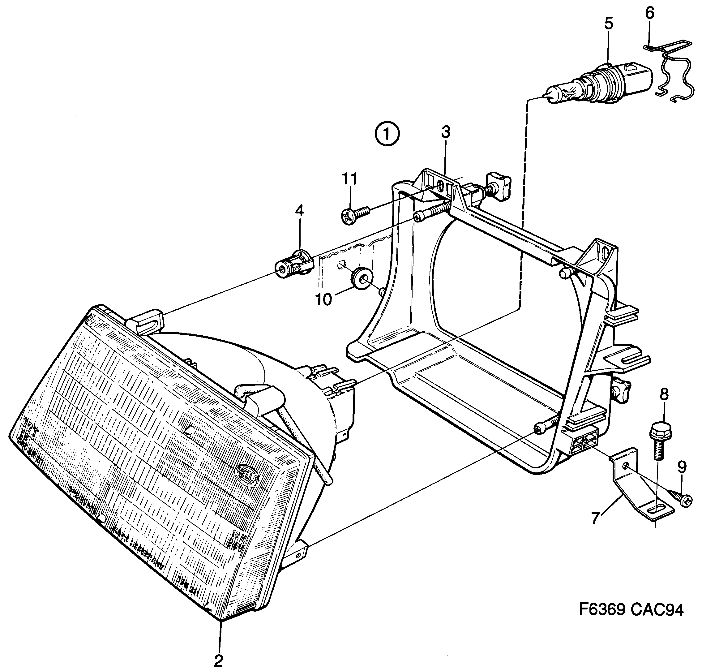 Saab 9000 Headlamp, sealed beam diagram
