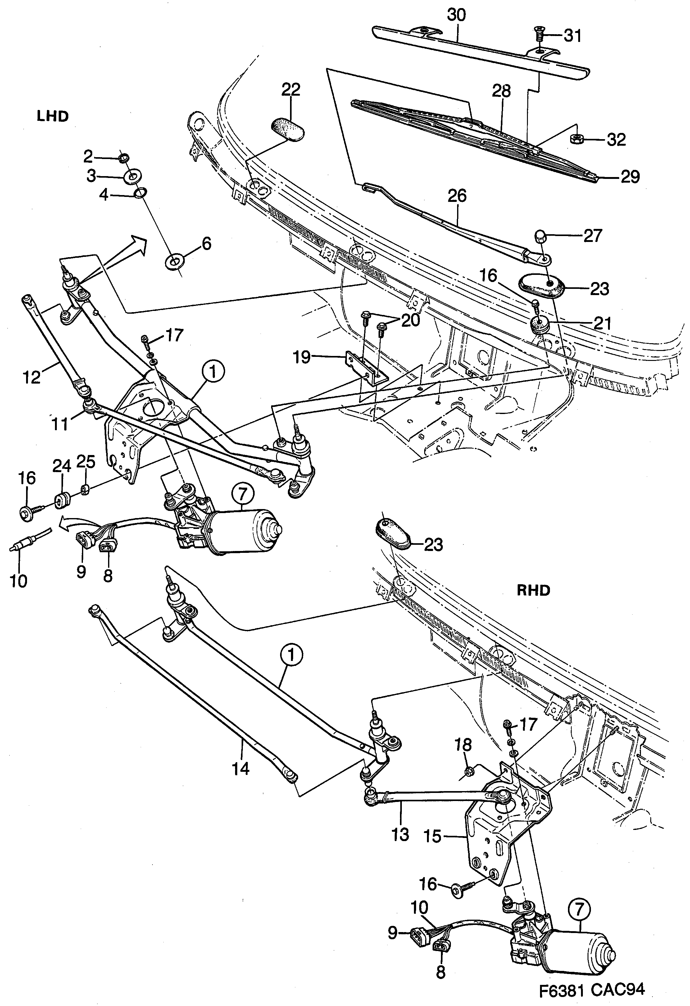 Saab 9000 Windshield wiper diagram