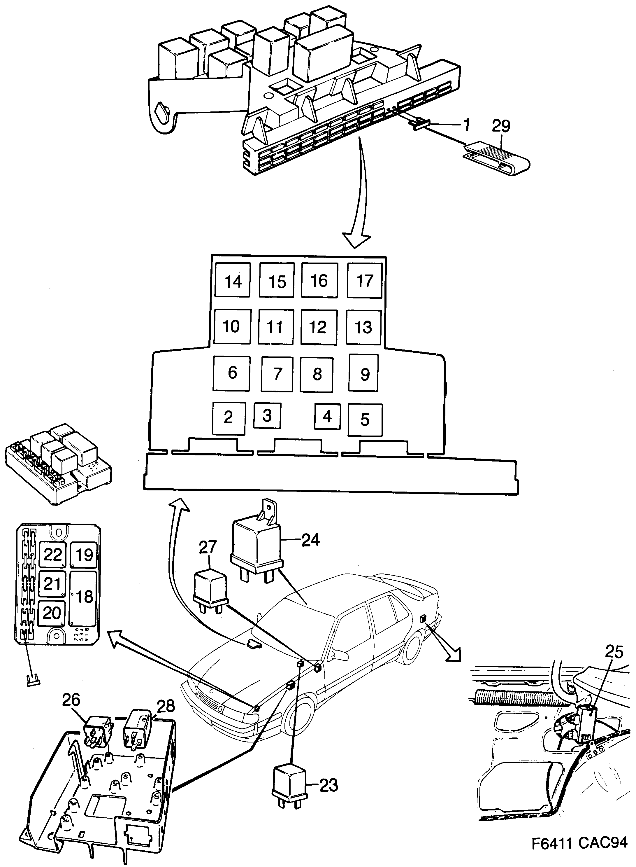 Saab 9000 Relays and fuses diagram