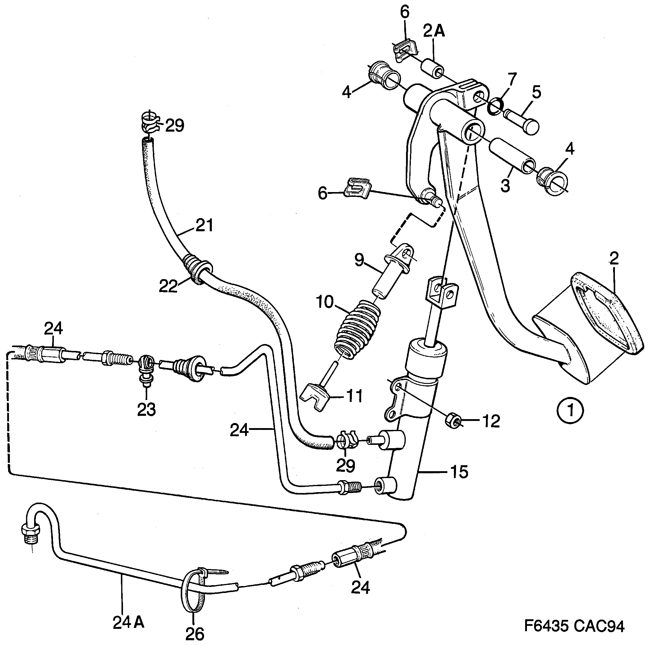 Saab 9000 Pedal, master cylinder diagram