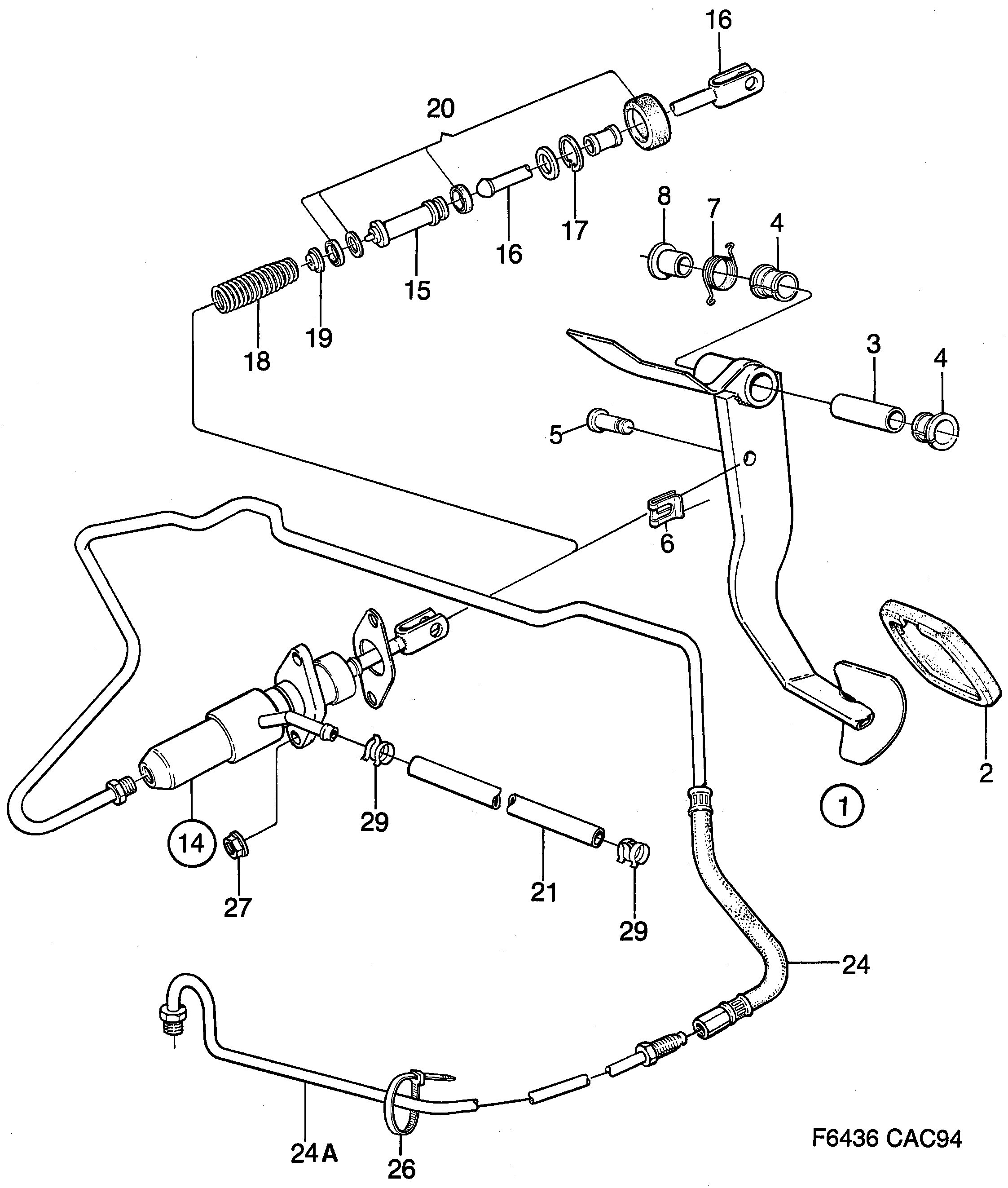 Saab 9000 Pedal, master cylinder diagram