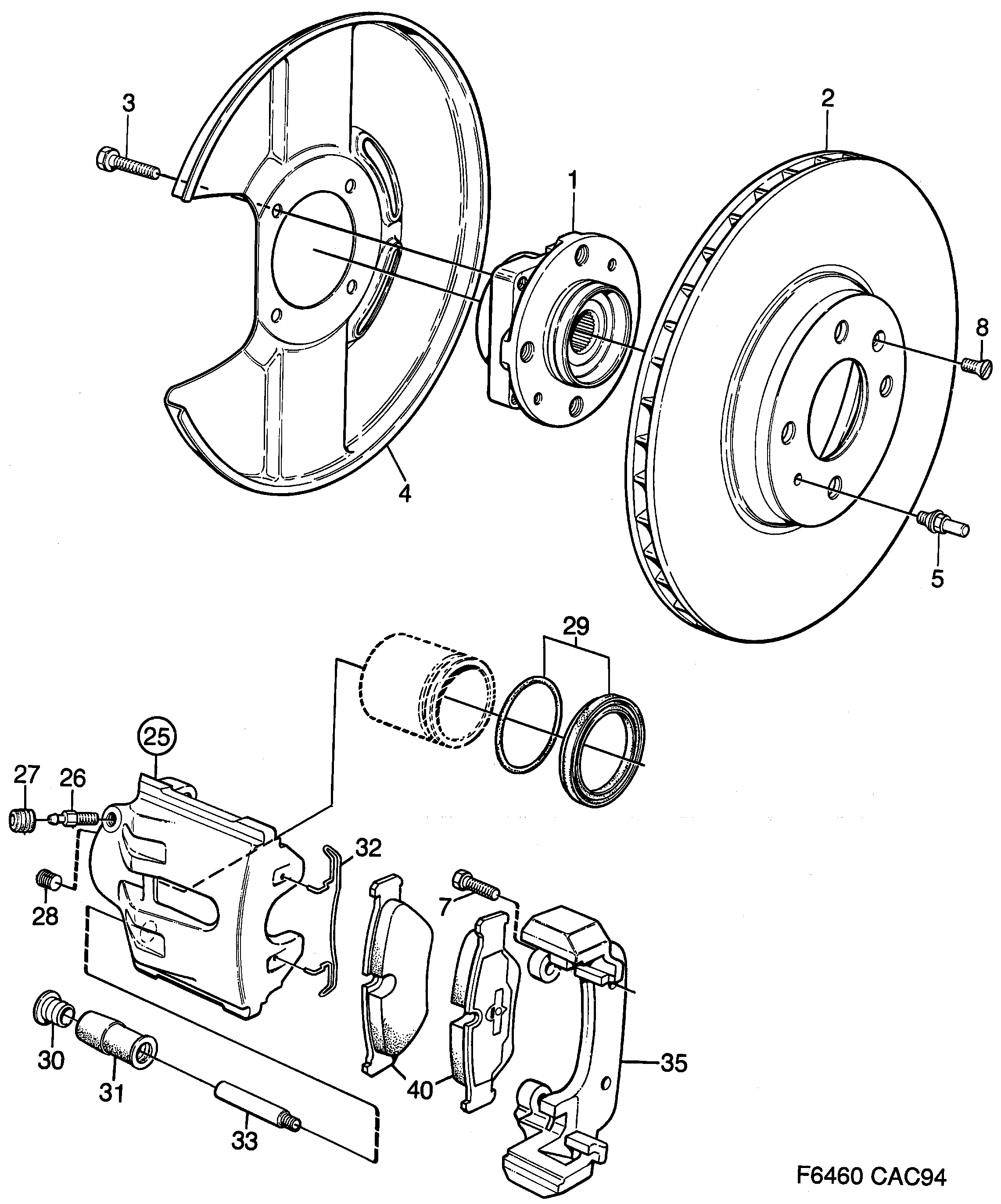 Saab 9000 Front wheel brake diagram