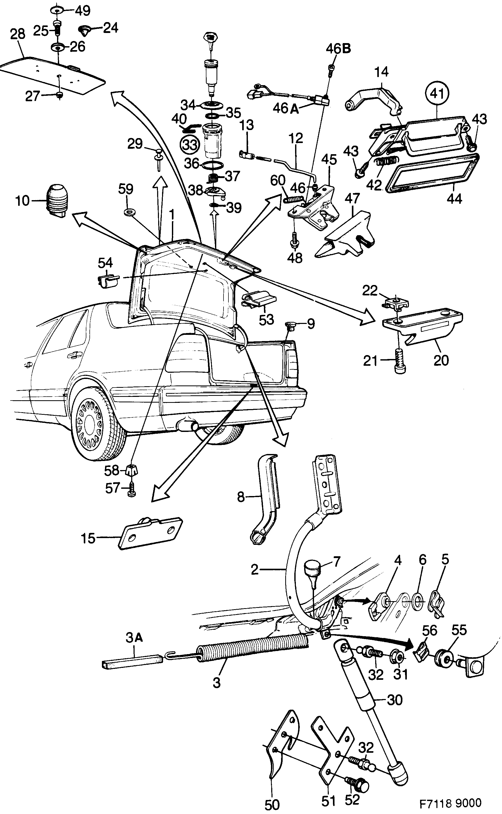 Saab 9000 Trunk lid, hinges, lock diagram