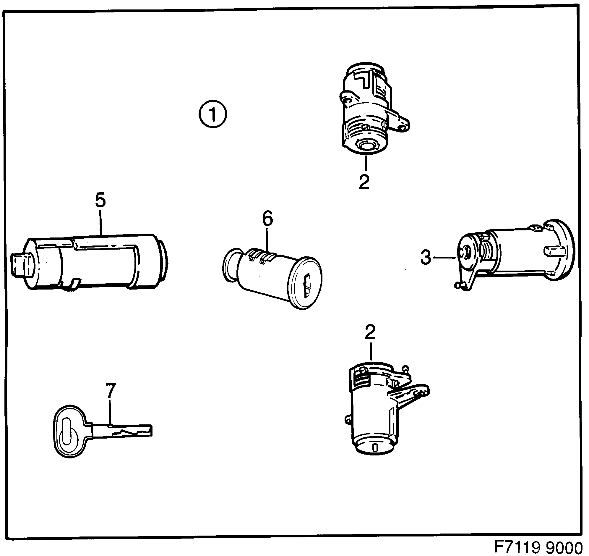 Saab 9000 Lock Lock cylinder set diagram