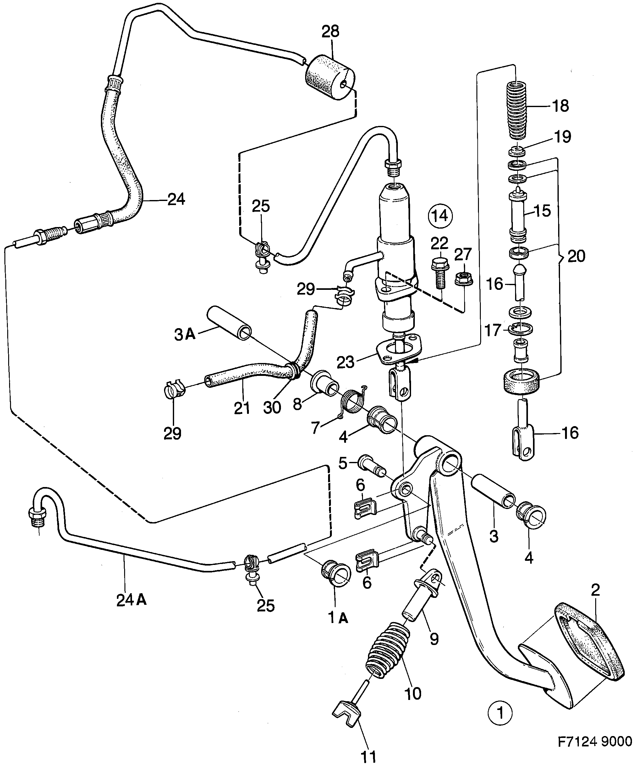 Saab 9000 Pedal, master cylinder diagram
