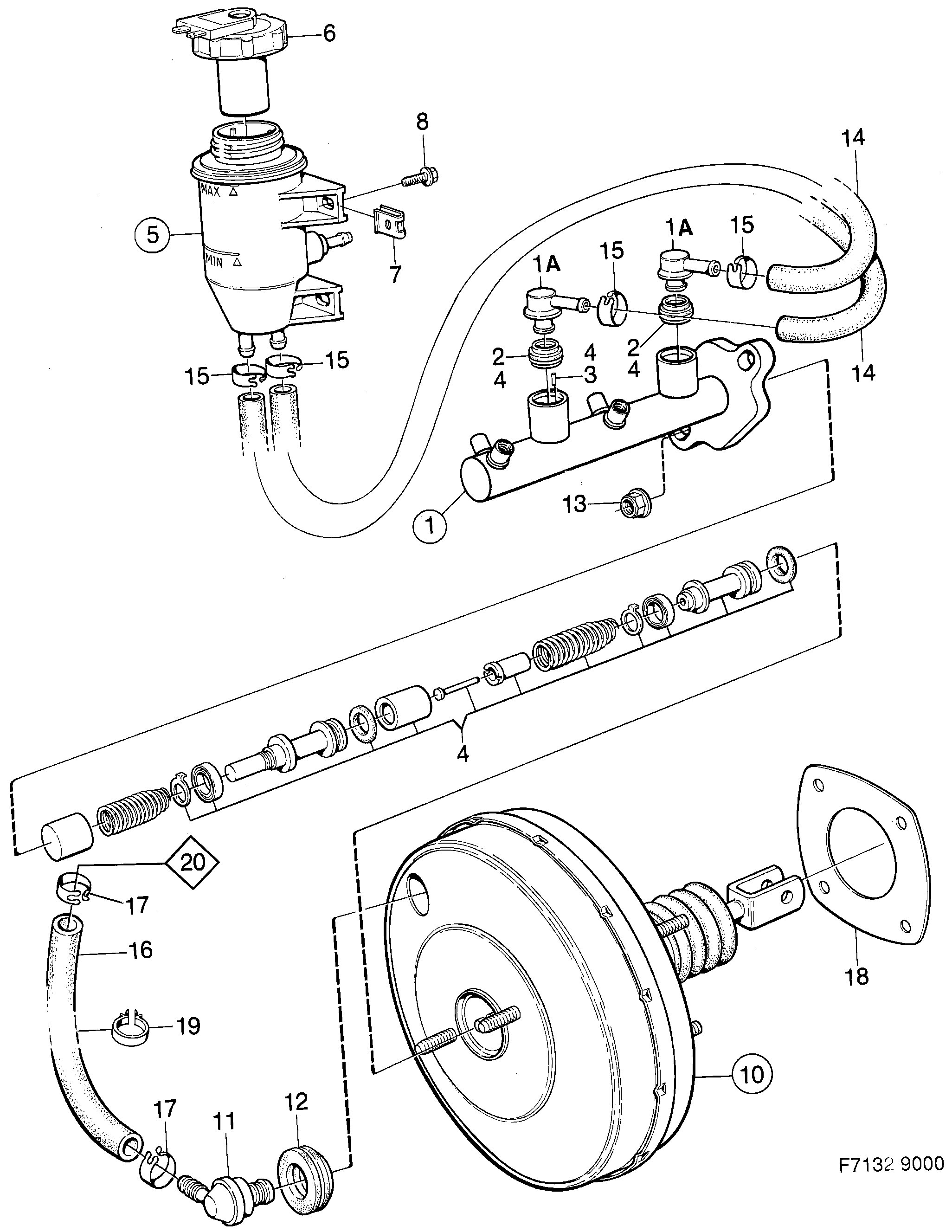 Saab 9000 Master cylinder vacuum brake booster diagram