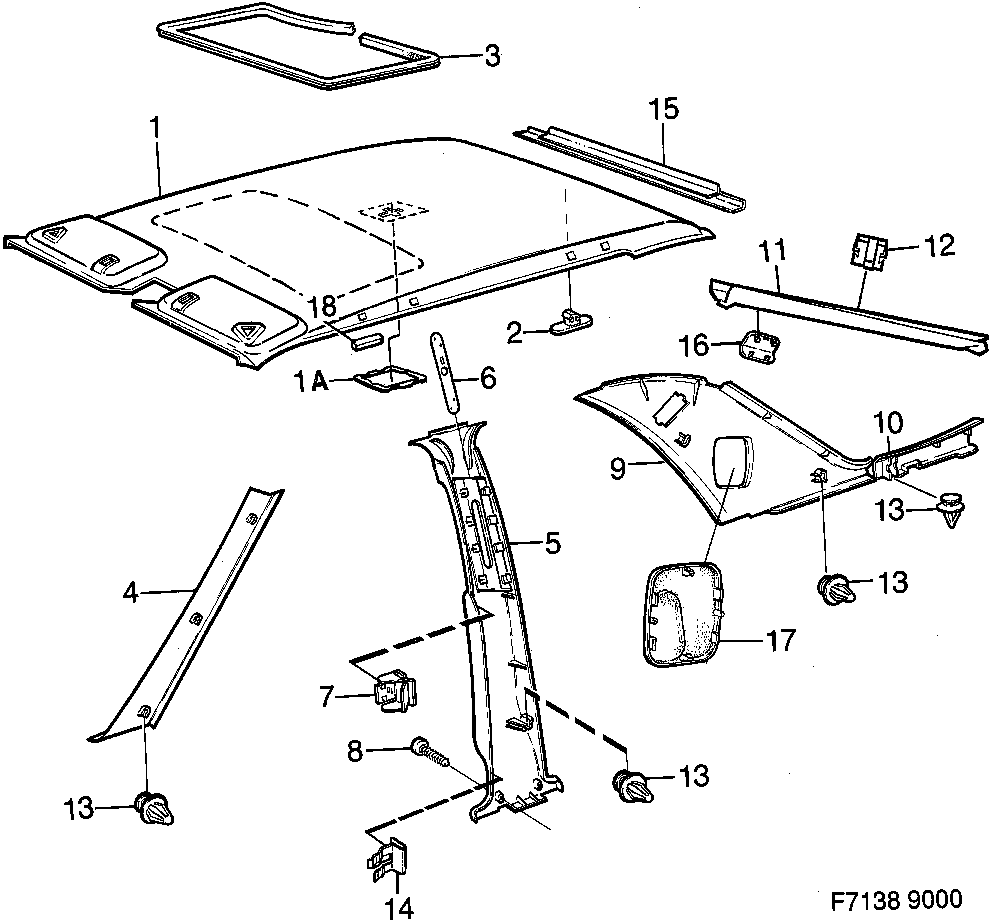 Saab 9000 Head- and pillar lining diagram