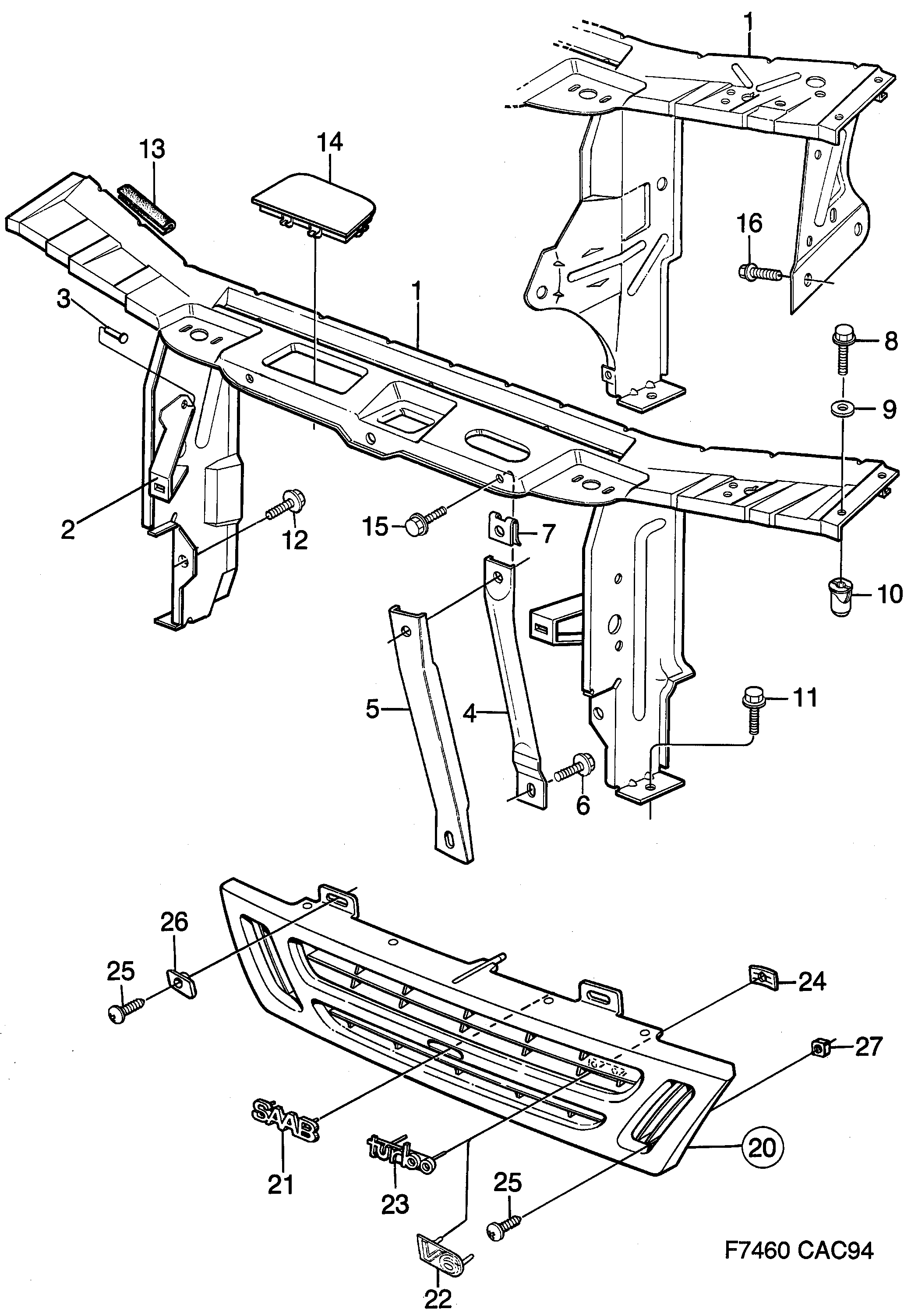 Saab 9000 Front member Grille diagram