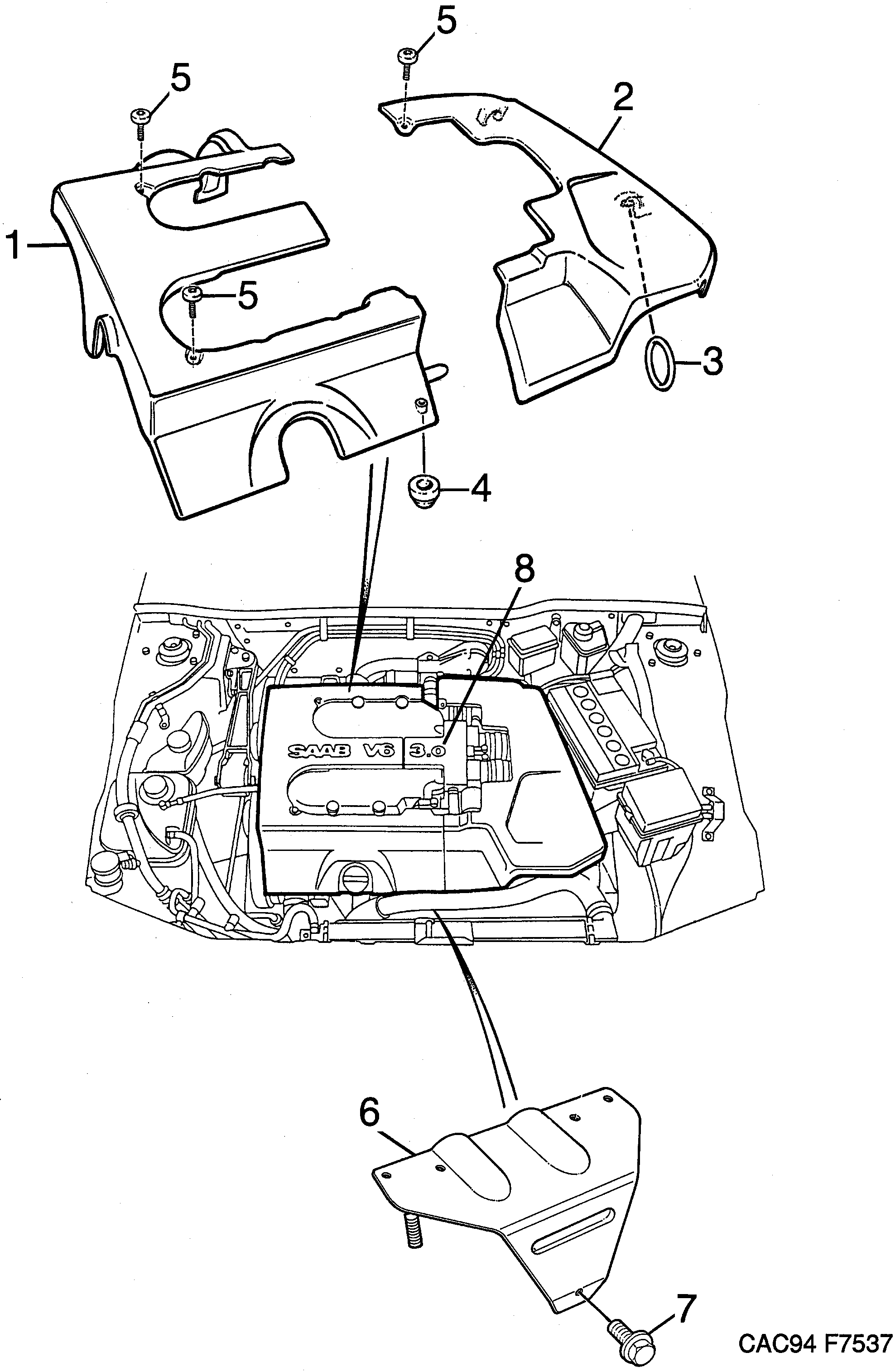 Saab 9000 Engine bay cover 6-cylinder diagram