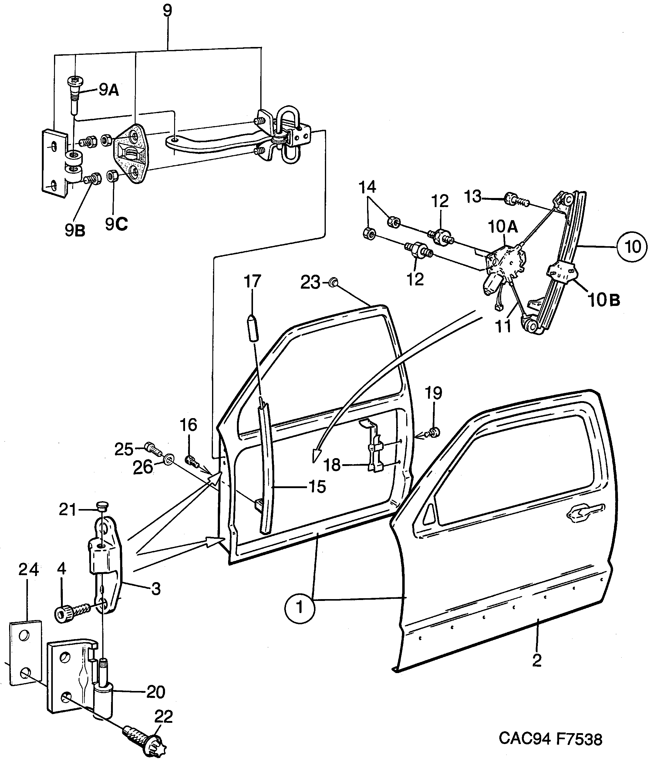 Saab 9000 Front doors, hinges, window regulators diagram